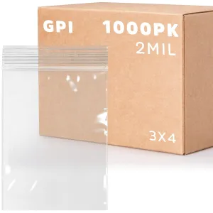Clear Plastic Reusable Zip Bags - Bulk GPI Case of 1000 3" x 4" 2 mil Thick Strong & Durable Poly Baggies with Resealable Zip Top Lock for Travel, Storage, Packaging & Shipping.