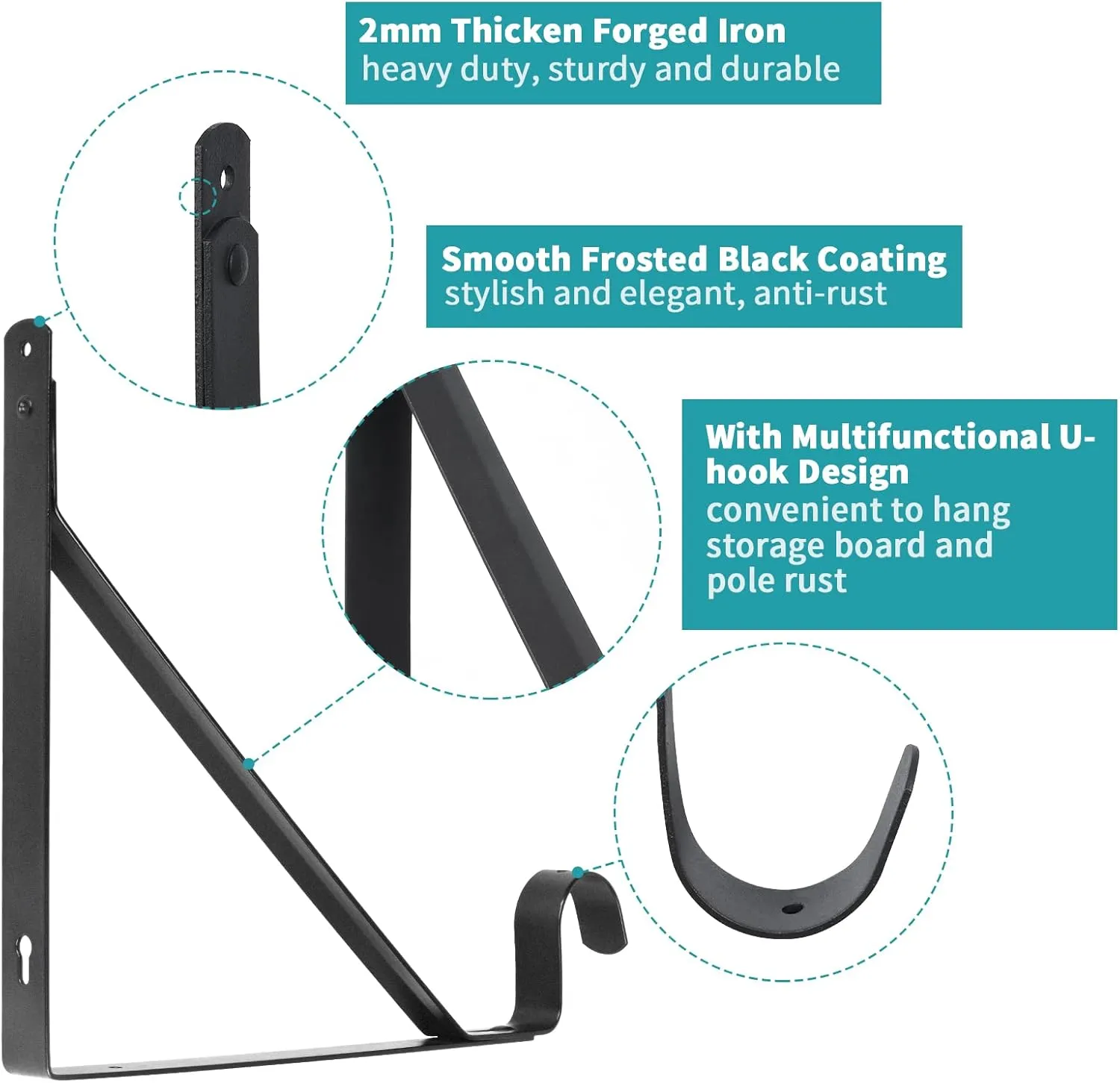 Closet Rod Bracket, Heavy Duty Closet Brackets with Rod Holder, Black Shelf Bracket Wall Mounted Closet Rod Support Bracket Clothes Hanger for Shelf Storage and Closet Rod, 4 Pack