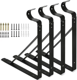Closet Rod Bracket, Heavy Duty Closet Brackets with Rod Holder, Black Shelf Bracket Wall Mounted Closet Rod Support Bracket Clothes Hanger for Shelf Storage and Closet Rod, 4 Pack