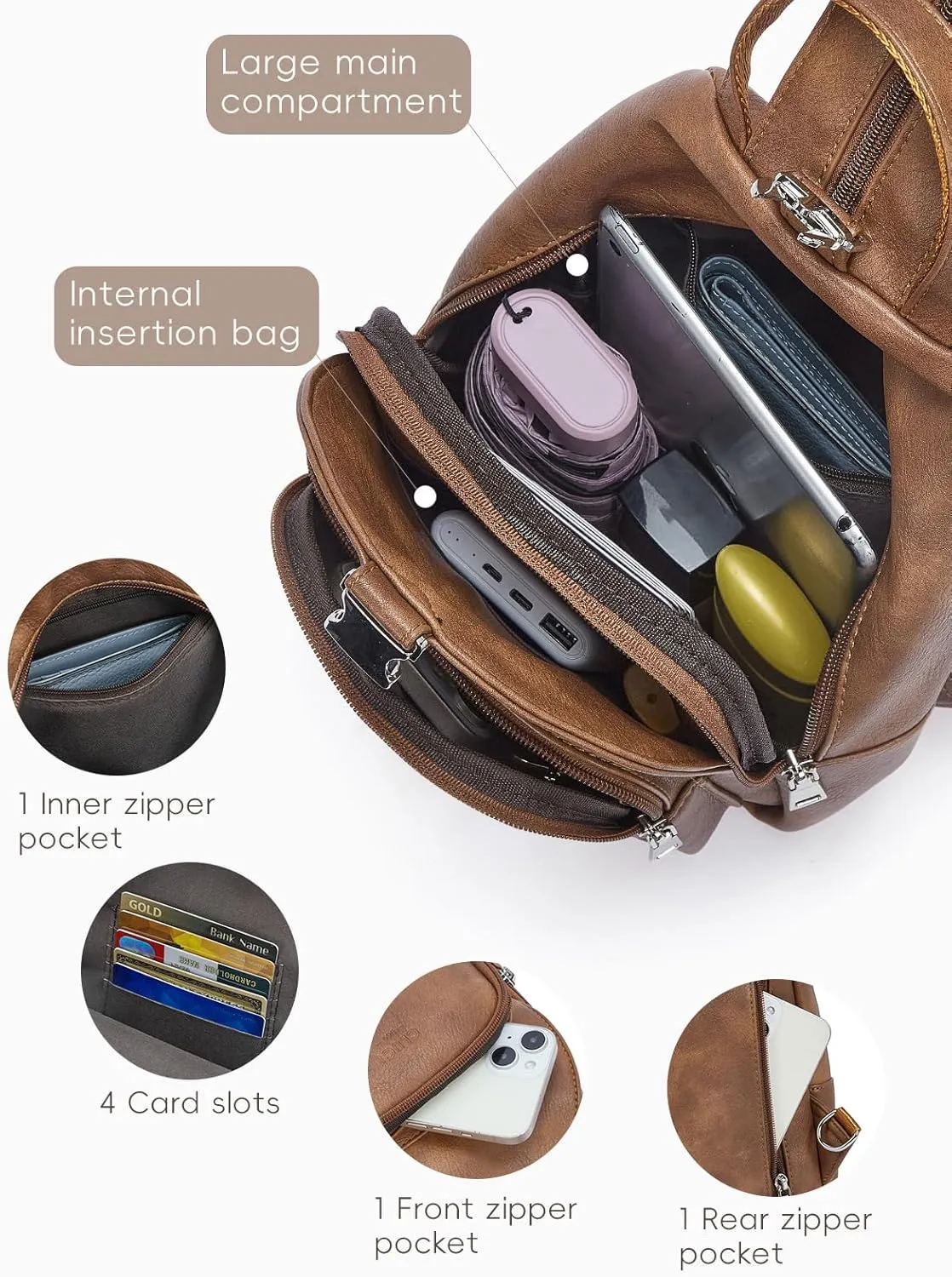 CLUCI Leather Sling Backpack for Women - Small Convertible Crossbody Bag for Travel