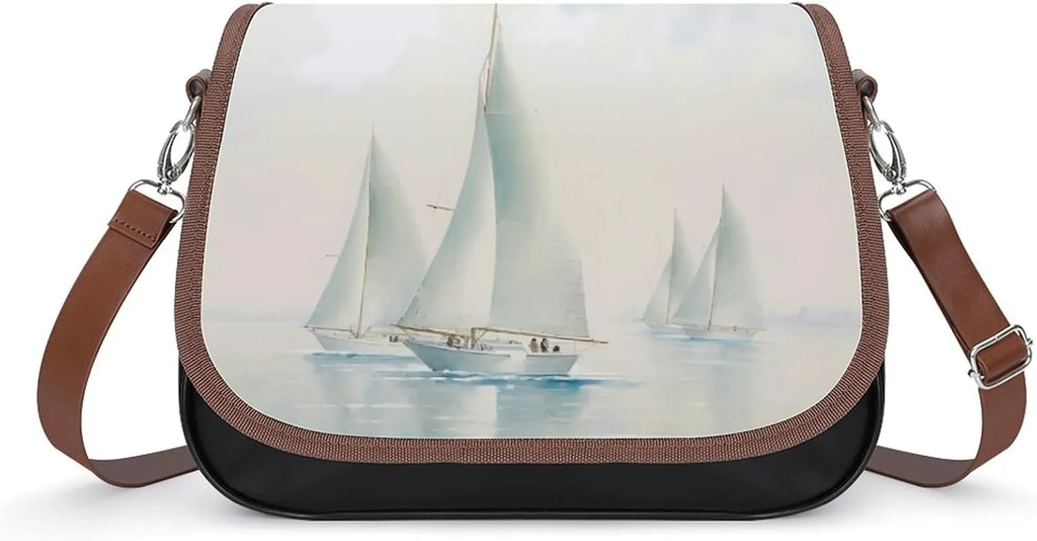Coastal Sailing Seascape Boats Women's Crossbody Bags PU Leather Bag Handbags Mini Shoulder Bag Messenger Bag