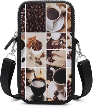 Collage of Coffee and Products Beans Small Crossbody Bags Cell Phone Bag Wallet Purses with Adjustable Strap for Women Men