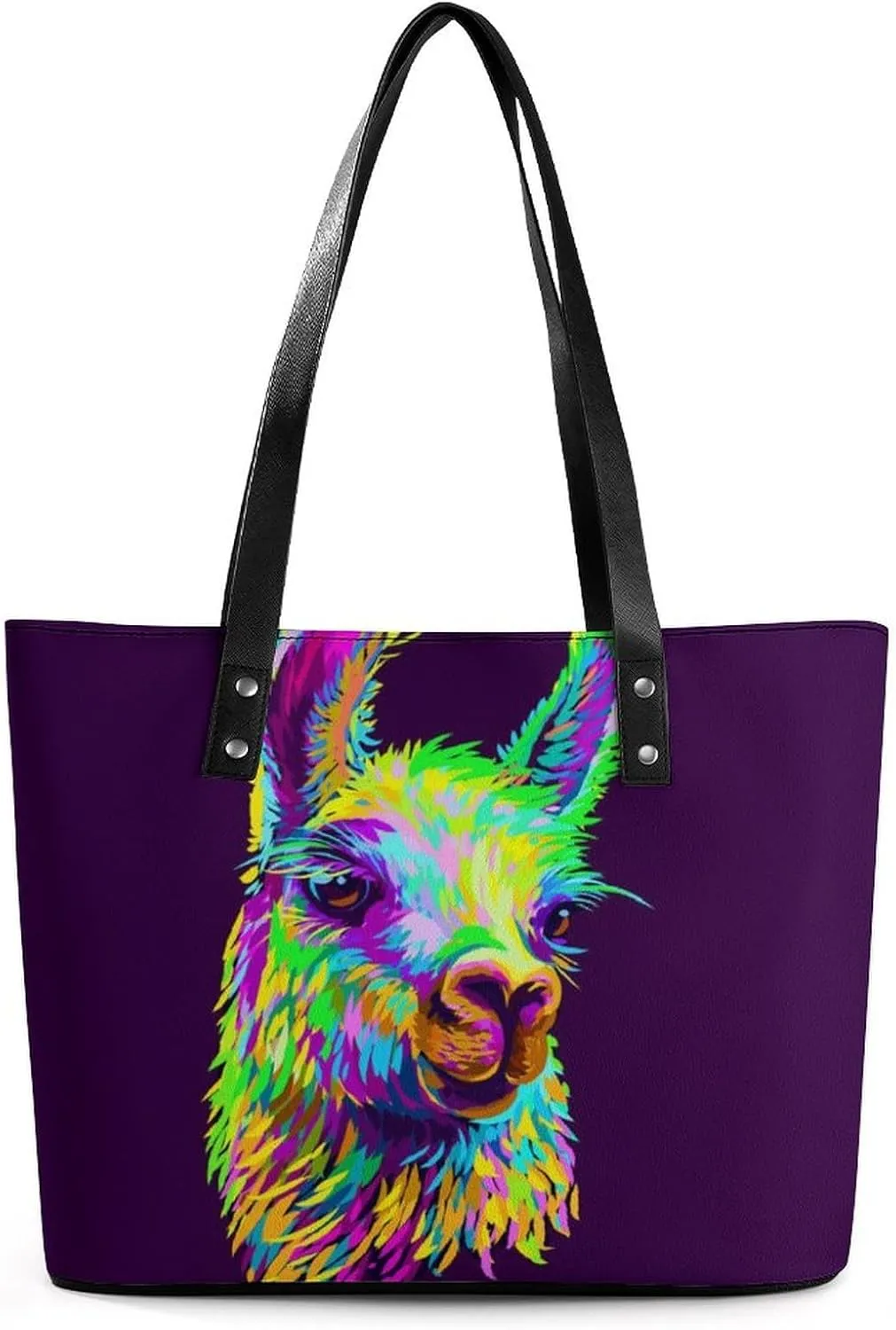 Colorful Alpaca Llama Portrait Tote Bag Ladies Leather Handbags Large Western Purse Shoulder Bag