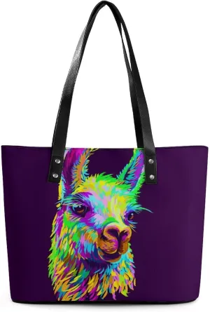 Colorful Alpaca Llama Portrait Tote Bag Ladies Leather Handbags Large Western Purse Shoulder Bag