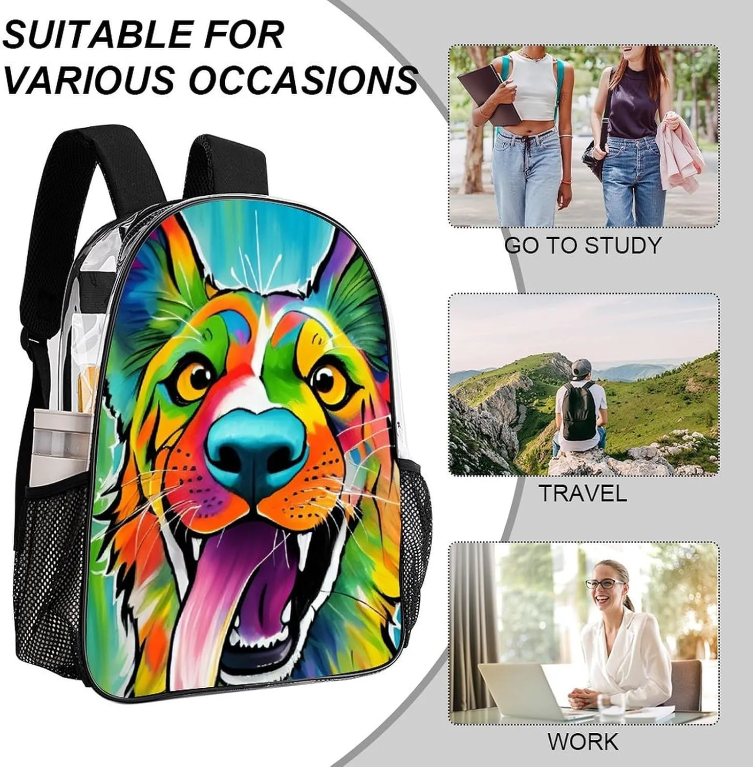 Colorful Dog Rucksacks Lightweight Multipurpose Anti-Theft Shoulder Bag Large Capacity Business Computer Bag Transparent Bag