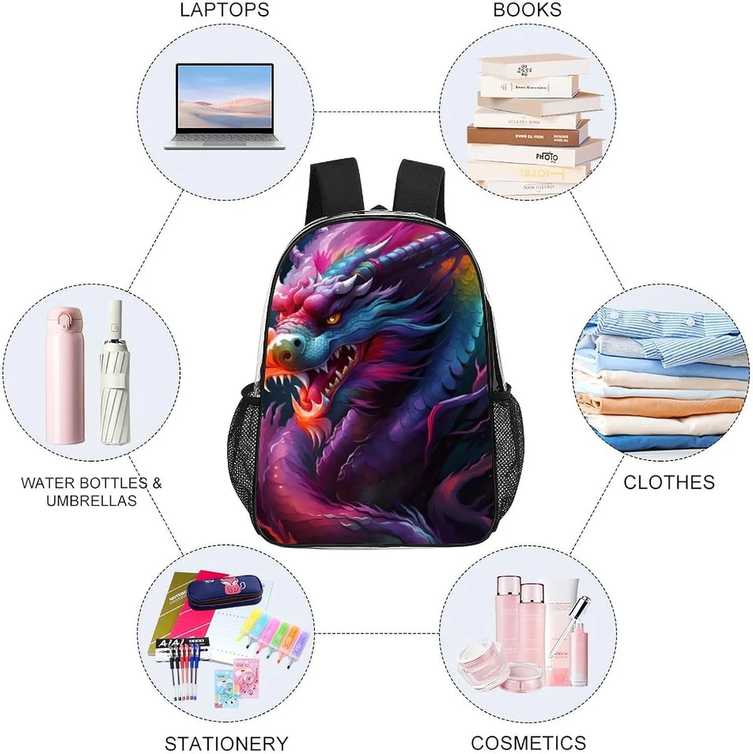Colorful Dragon King Art Rucksacks Lightweight Multipurpose Anti-Theft Shoulder Bag Large Capacity Business Computer Bag Transparent Bag