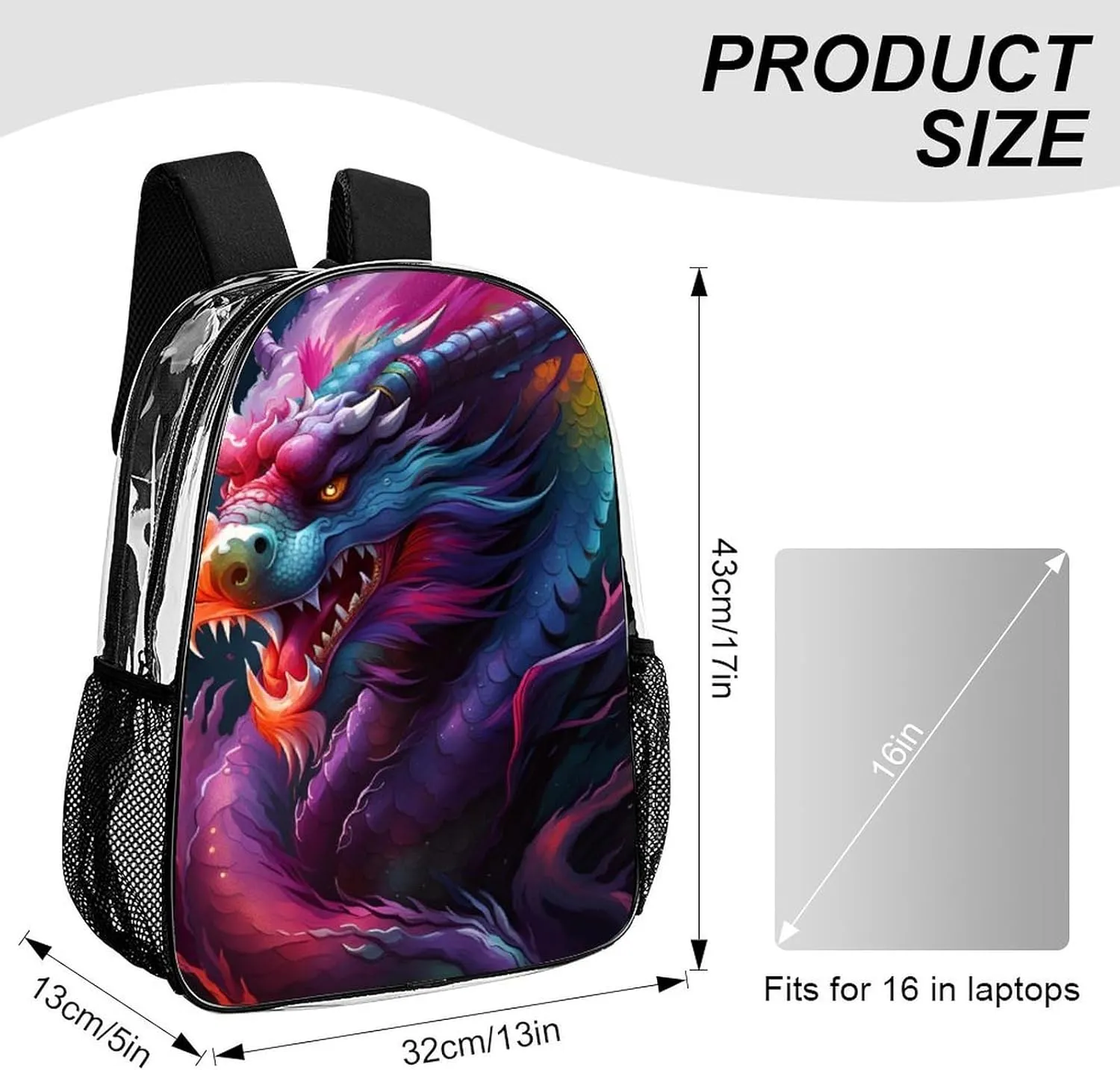 Colorful Dragon King Art Rucksacks Lightweight Multipurpose Anti-Theft Shoulder Bag Large Capacity Business Computer Bag Transparent Bag