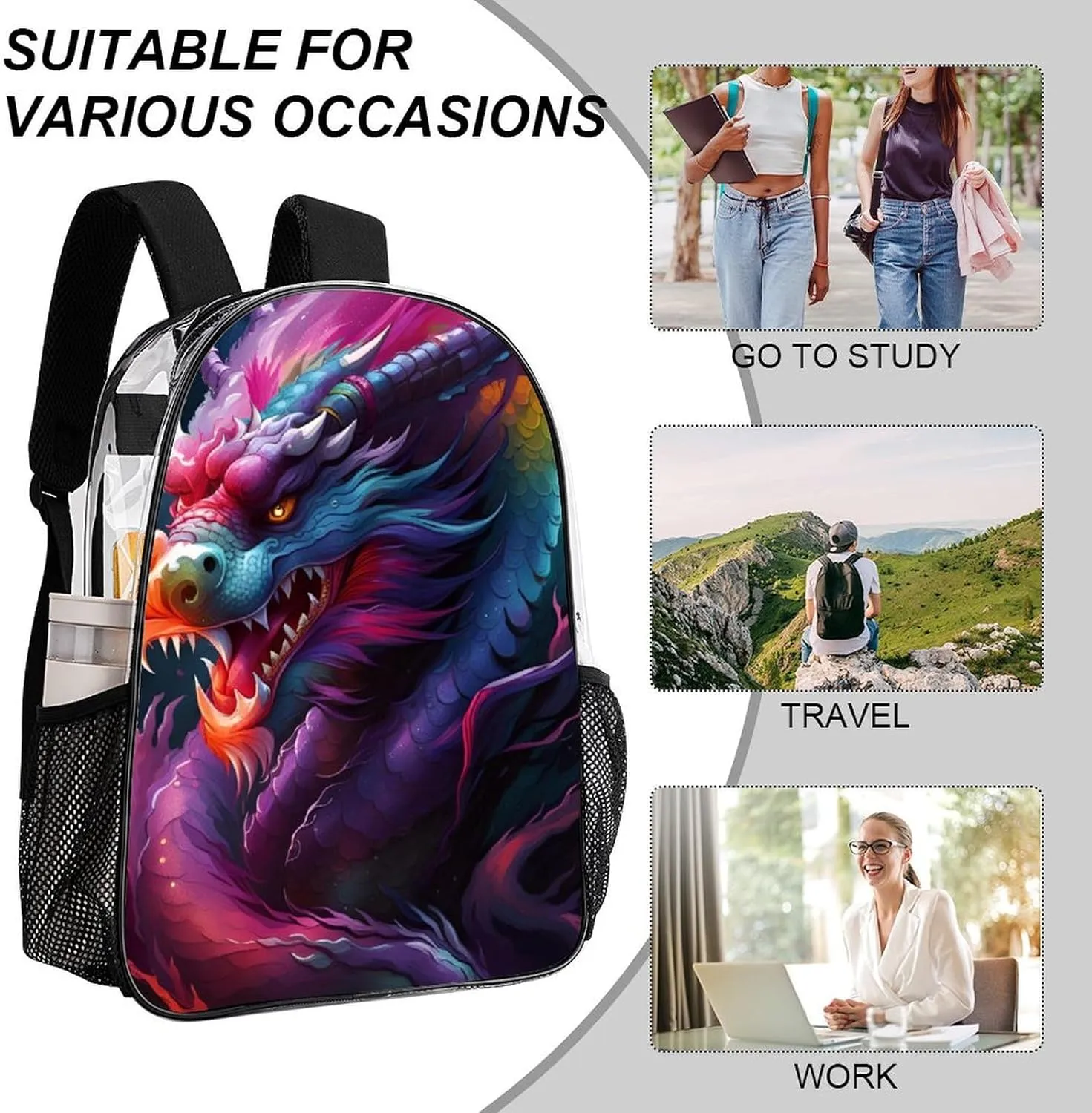 Colorful Dragon King Art Rucksacks Lightweight Multipurpose Anti-Theft Shoulder Bag Large Capacity Business Computer Bag Transparent Bag