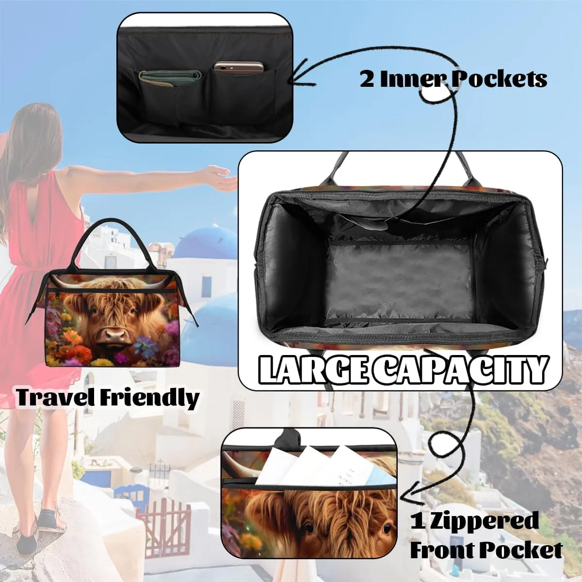 Colorful Flower Alpine Cow Weekender Overnight Bag for Women Waterproof Carry On Travel Duffle Bags with Pocket Lightweight Sports Gym Tote Bag Large Luggage Workout Personal Item Hospital Bags