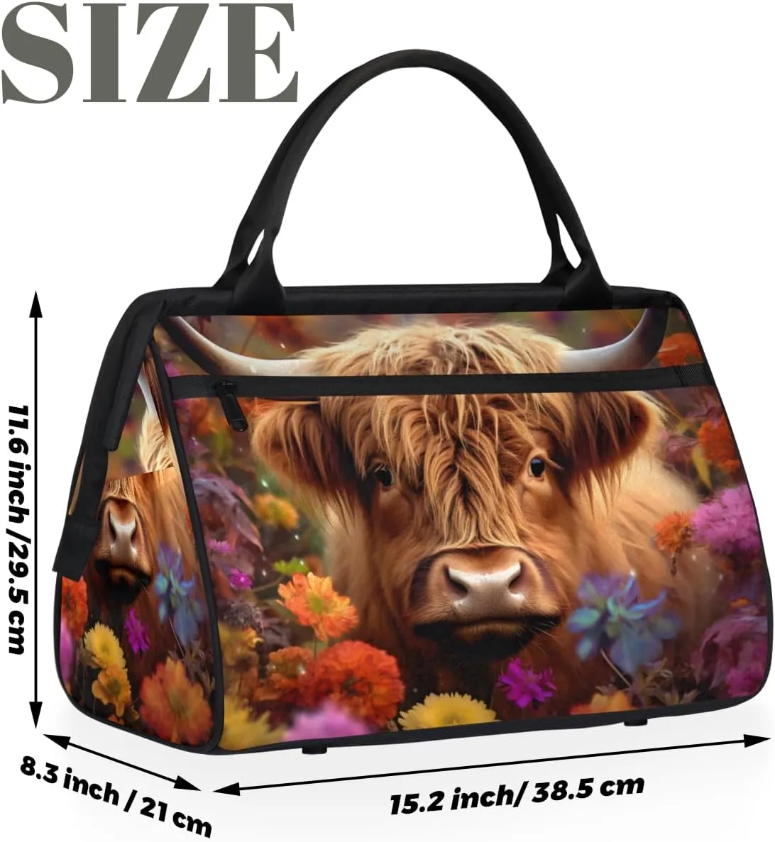 Colorful Flower Alpine Cow Weekender Overnight Bag for Women Waterproof Carry On Travel Duffle Bags with Pocket Lightweight Sports Gym Tote Bag Large Luggage Workout Personal Item Hospital Bags