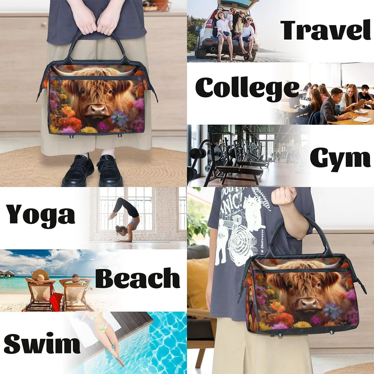 Colorful Flower Alpine Cow Weekender Overnight Bag for Women Waterproof Carry On Travel Duffle Bags with Pocket Lightweight Sports Gym Tote Bag Large Luggage Workout Personal Item Hospital Bags