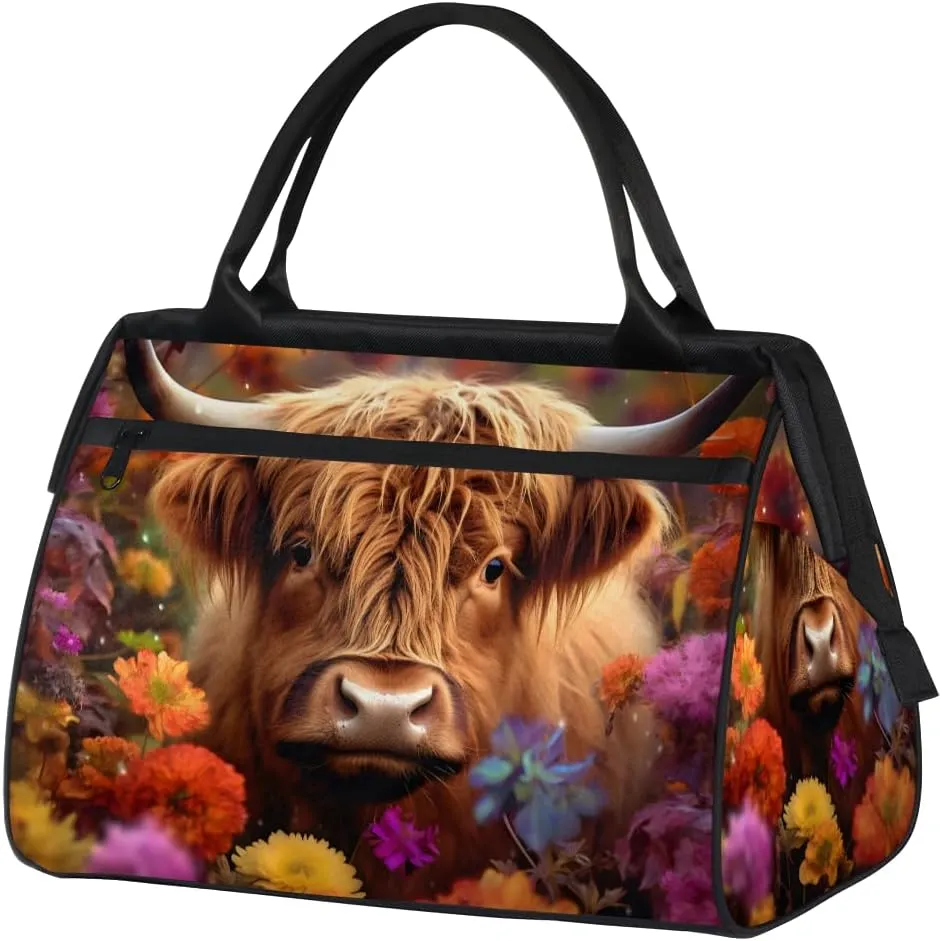 Colorful Flower Alpine Cow Weekender Overnight Bag for Women Waterproof Carry On Travel Duffle Bags with Pocket Lightweight Sports Gym Tote Bag Large Luggage Workout Personal Item Hospital Bags