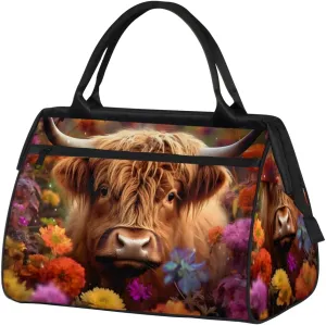 Colorful Flower Alpine Cow Weekender Overnight Bag for Women Waterproof Carry On Travel Duffle Bags with Pocket Lightweight Sports Gym Tote Bag Large Luggage Workout Personal Item Hospital Bags