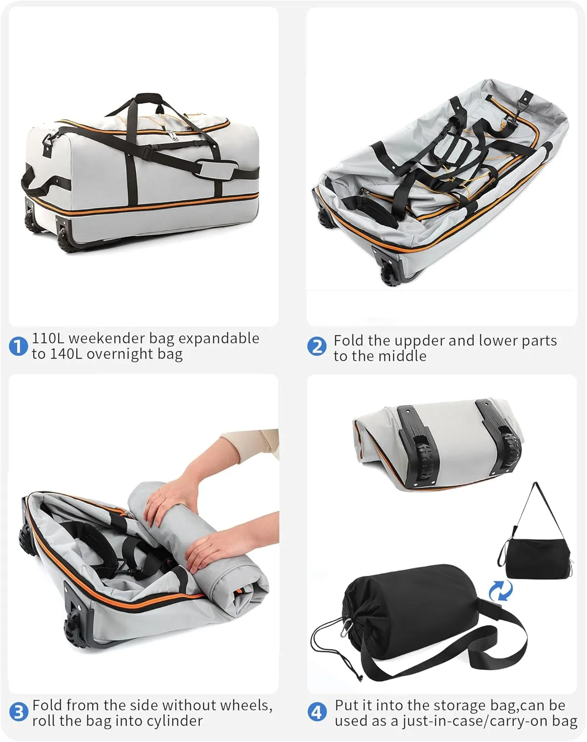 CONTAIL 32” Soft-side 110L Expandable 140L Rolling Duffle Bag with 2 Inline Wheels,Convertible Weekend Travel Bag with Bungee-Cord System,Grey