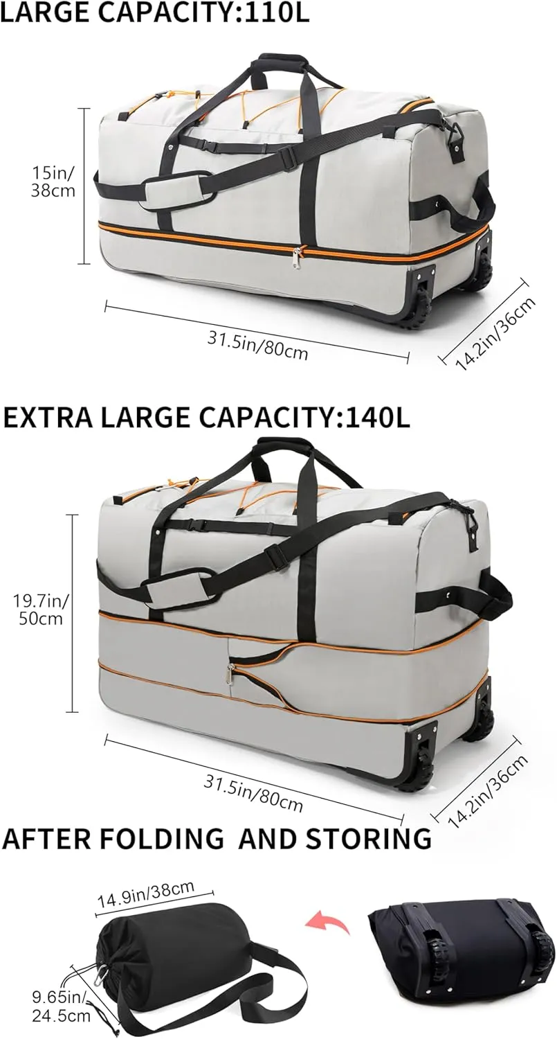 CONTAIL 32” Soft-side 110L Expandable 140L Rolling Duffle Bag with 2 Inline Wheels,Convertible Weekend Travel Bag with Bungee-Cord System,Grey