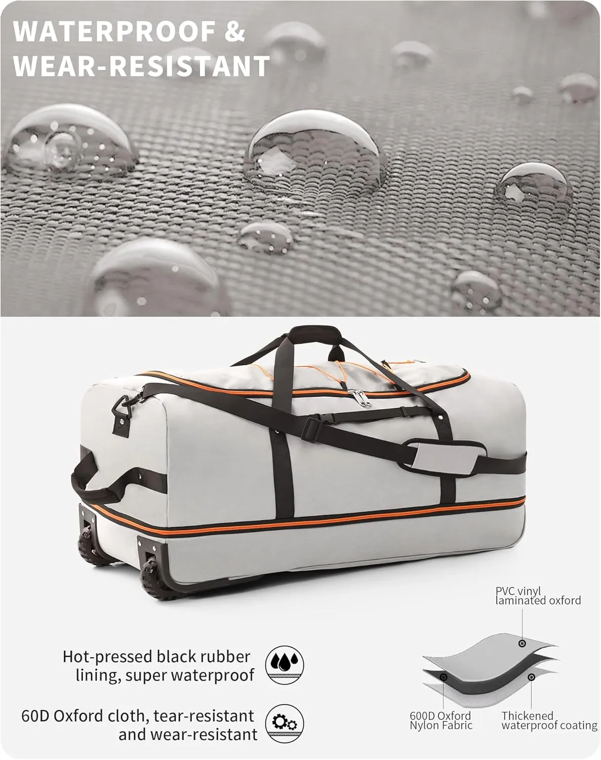 CONTAIL 32” Soft-side 110L Expandable 140L Rolling Duffle Bag with 2 Inline Wheels,Convertible Weekend Travel Bag with Bungee-Cord System,Grey