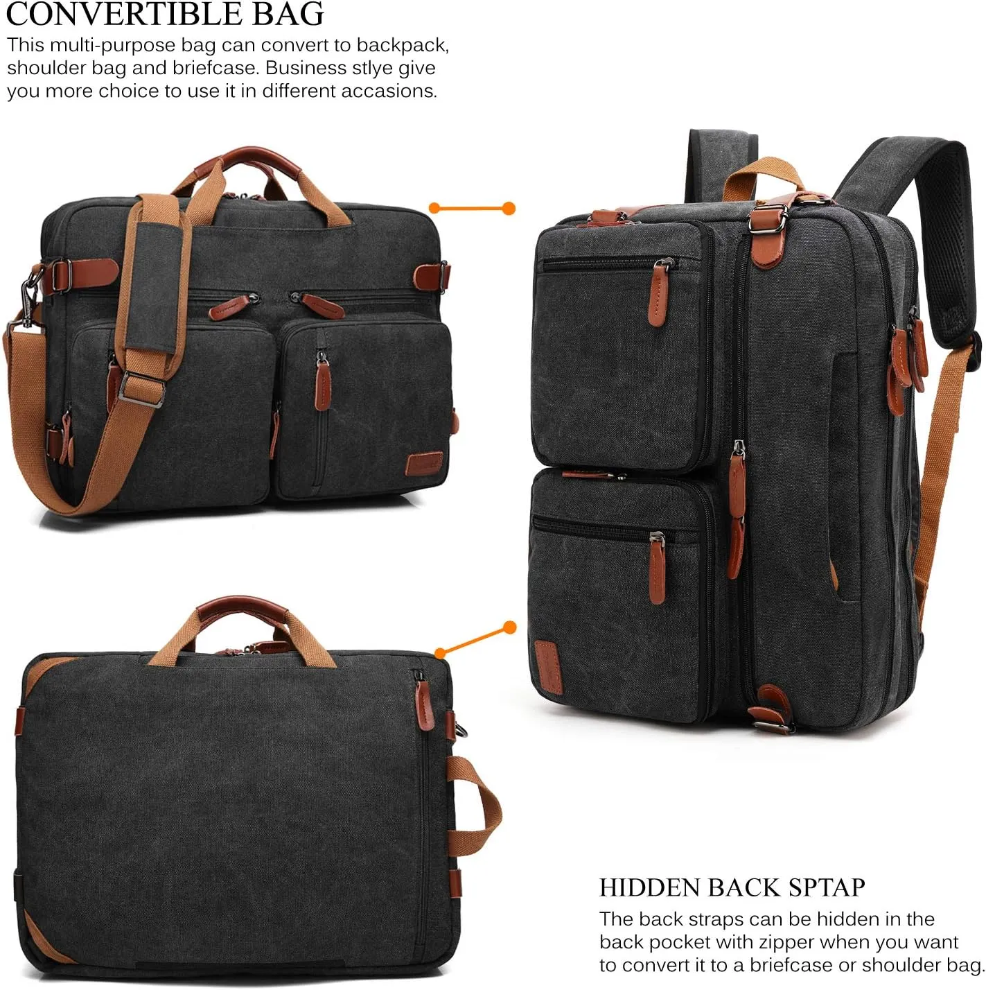 Convertible Backpack Messenger Shoulder bag Laptop Case Handbag Business Briefcase Multi-functional Travel Rucksack Fits 17.3 Inch Laptop For Men/Women (Canvas Black)