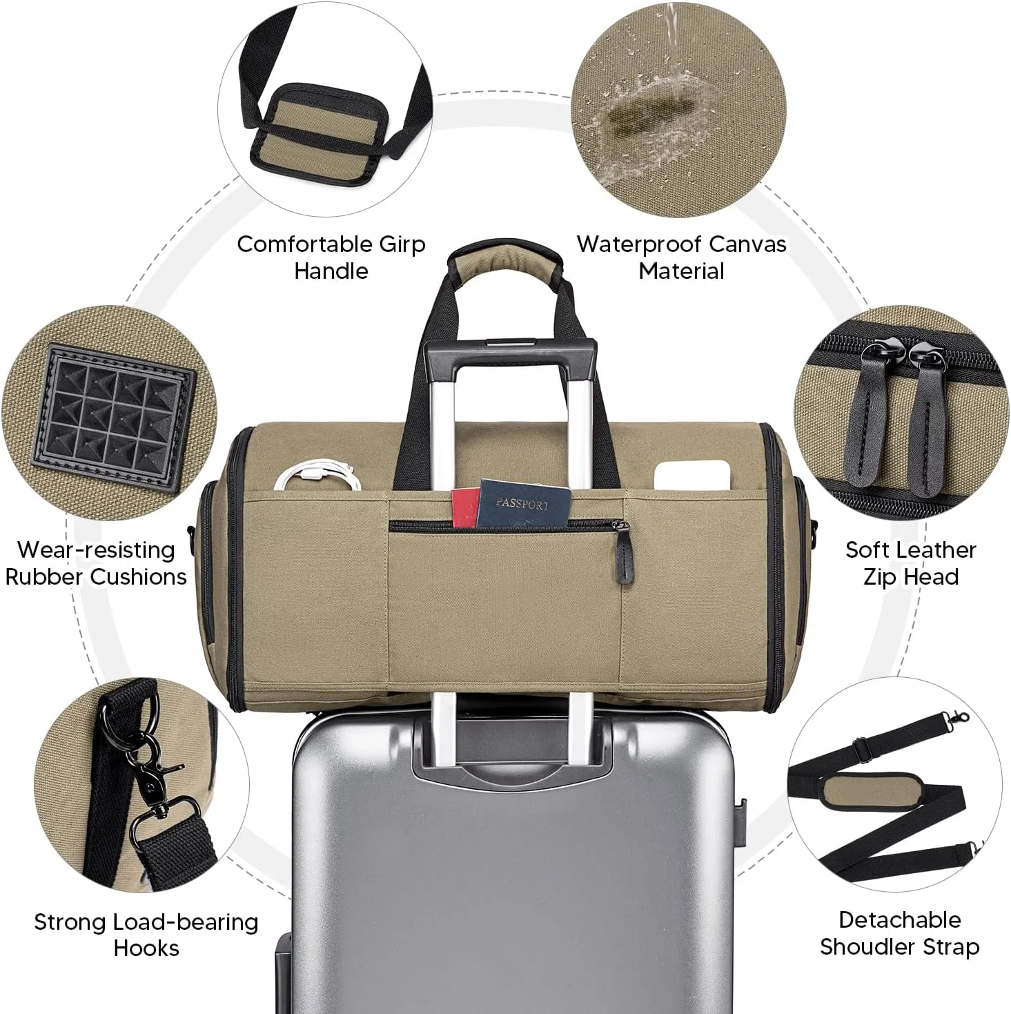 Convertible Garment Bag for Travel, Carry on Garment Duffle Bags for Travel, Canvas Garment Duffle Bag for Men Women with Shoe Compartment - 2 in 1 Hanging Suitcase Suit Travel Bags-Army Green