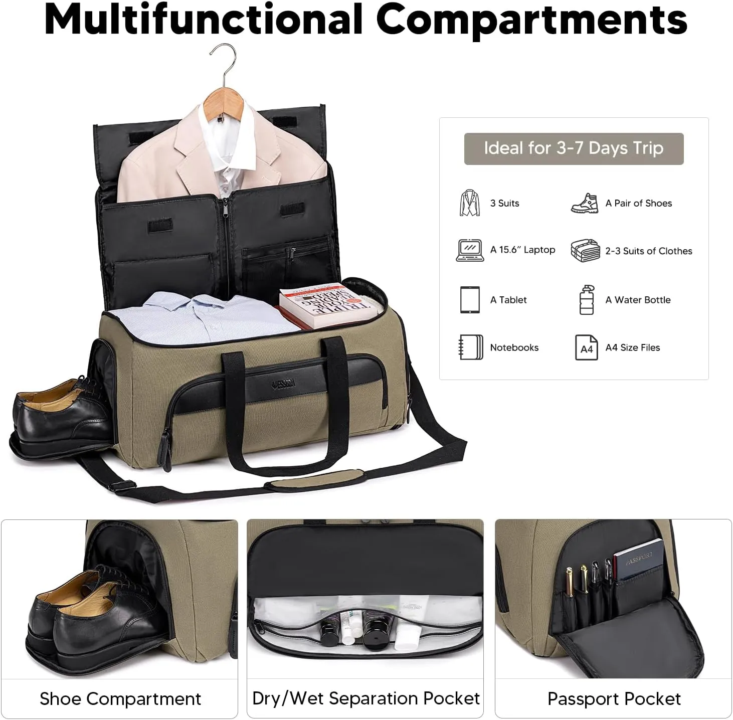 Convertible Garment Bag for Travel, Carry on Garment Duffle Bags for Travel, Canvas Garment Duffle Bag for Men Women with Shoe Compartment - 2 in 1 Hanging Suitcase Suit Travel Bags-Army Green