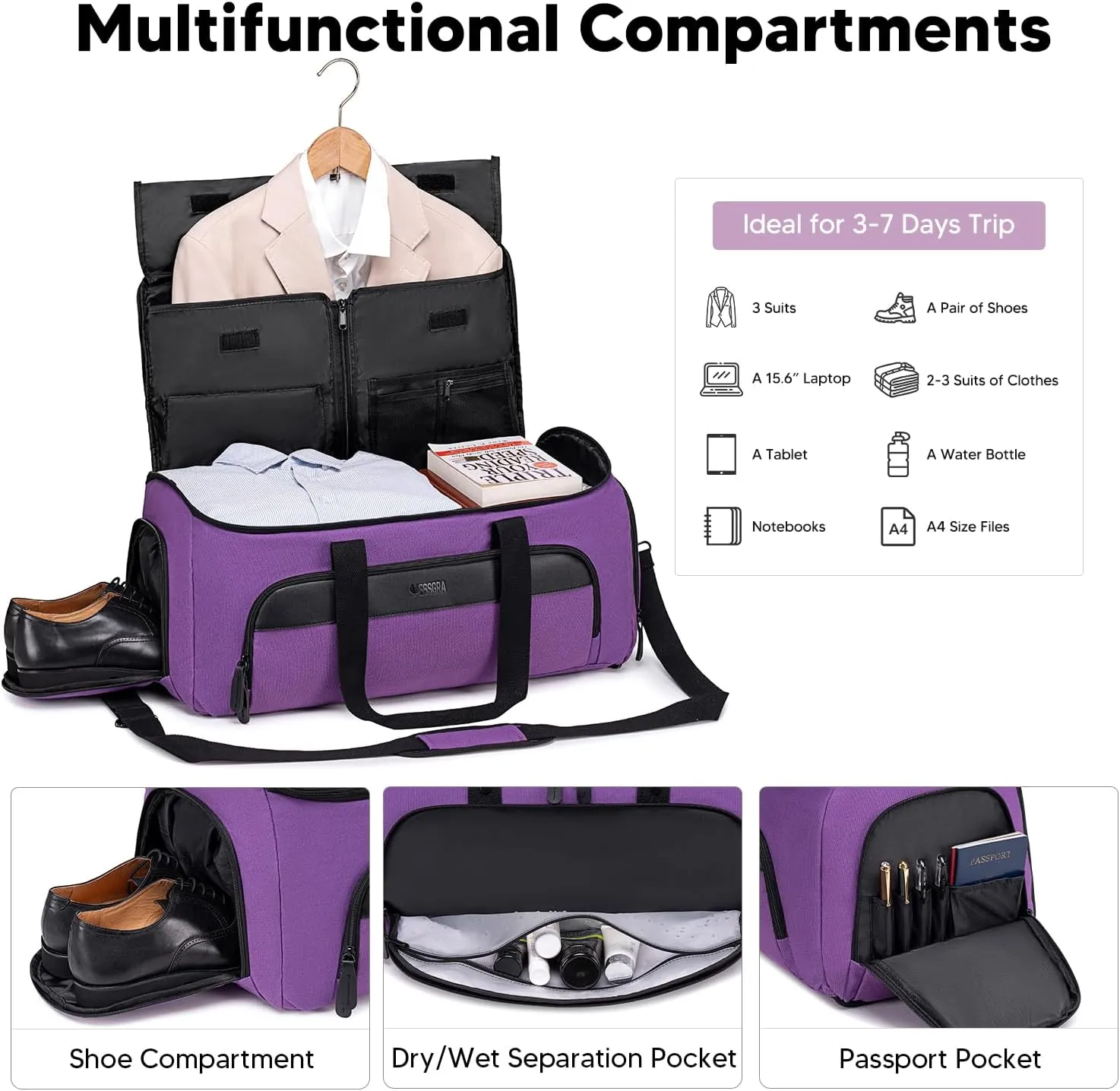 Convertible Garment Bag for Travel, Carry on Garment Duffle Bags for Travel, Canvas Garment Duffle Bag for Men Women with Shoe Compartment - 2 in 1 Hanging Suitcase Suit Travel Bags-Purple