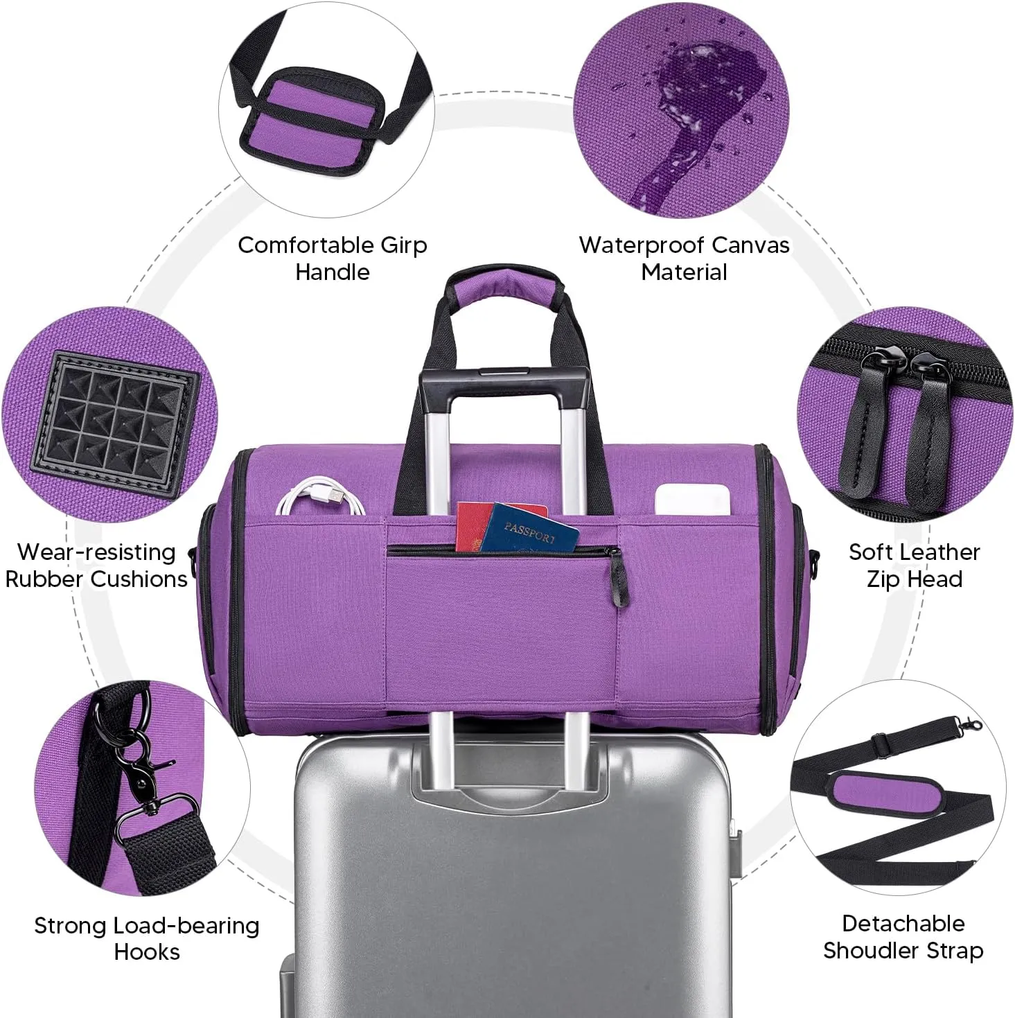 Convertible Garment Bag for Travel, Carry on Garment Duffle Bags for Travel, Canvas Garment Duffle Bag for Men Women with Shoe Compartment - 2 in 1 Hanging Suitcase Suit Travel Bags-Purple