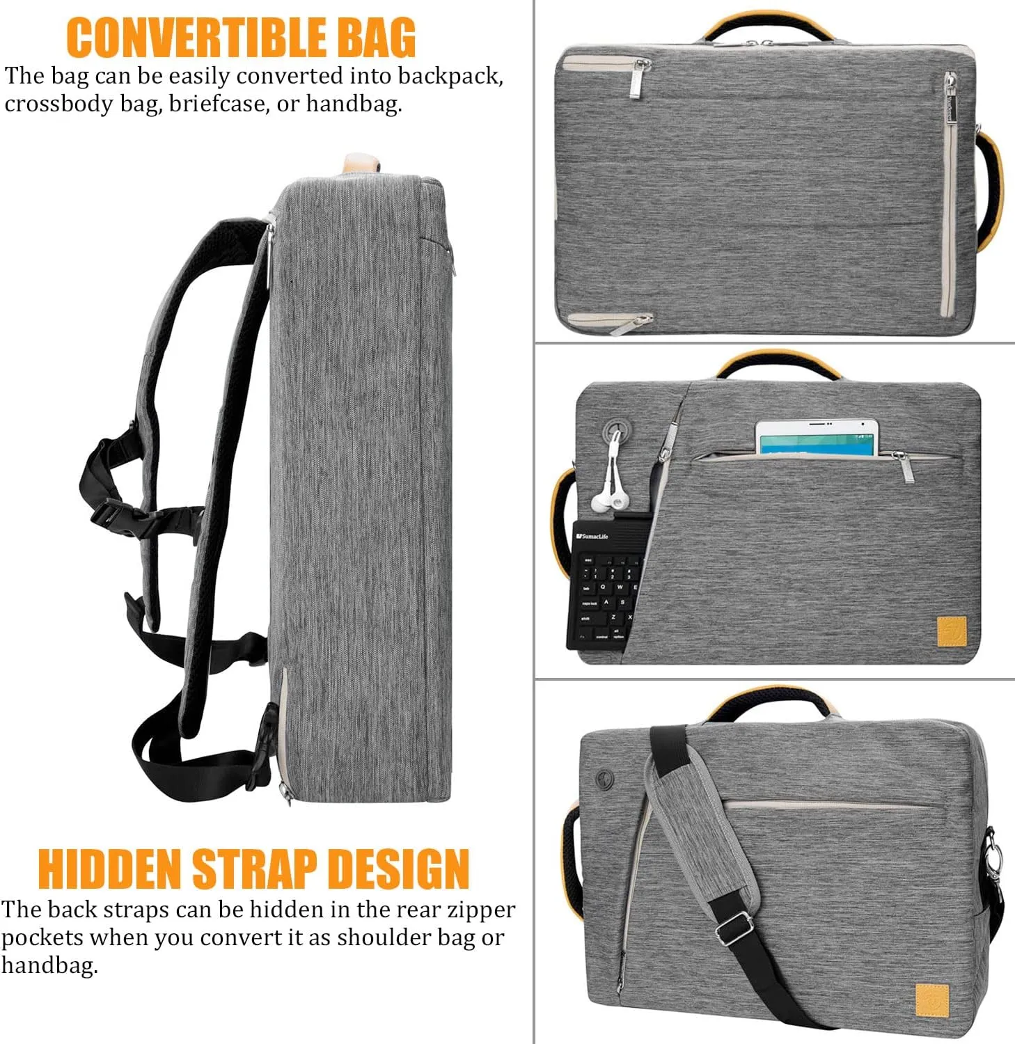 Convertible Laptop Shoulder Bag Messenger Bag Sleeve Case for Men Women Work Travel 13 14 15 15.6 16 17 17.3 Inch