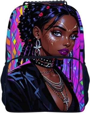Cool African American Woman Bold And Colorful Art Rucksacks Polyester Anti-Theft Multipurpose Carry On Bag Large Capacity Gym Outdoor Hiking Backpack With Smooth Zippers