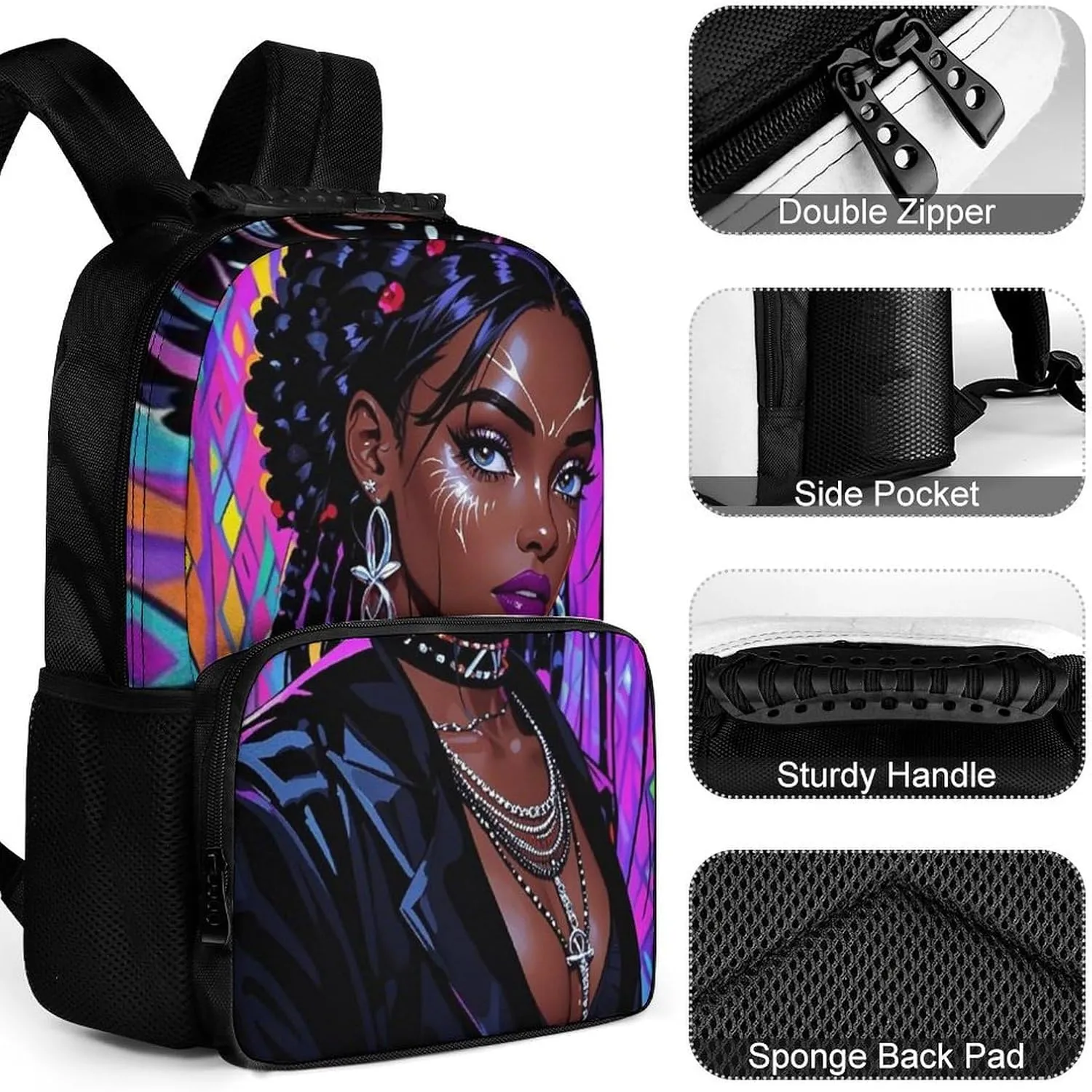Cool African American Woman Bold And Colorful Art Rucksacks Polyester Anti-Theft Multipurpose Carry On Bag Large Capacity Gym Outdoor Hiking Backpack With Smooth Zippers