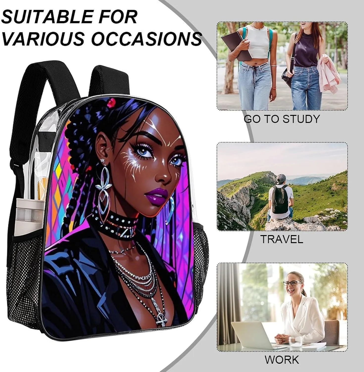 Cool African American Woman Bold And Colorful Art Rucksacks Transparent Anti-Theft Multipurpose Carry On Bag Large Capacity Gym Outdoor Hiking Backpack With Smooth Zippers