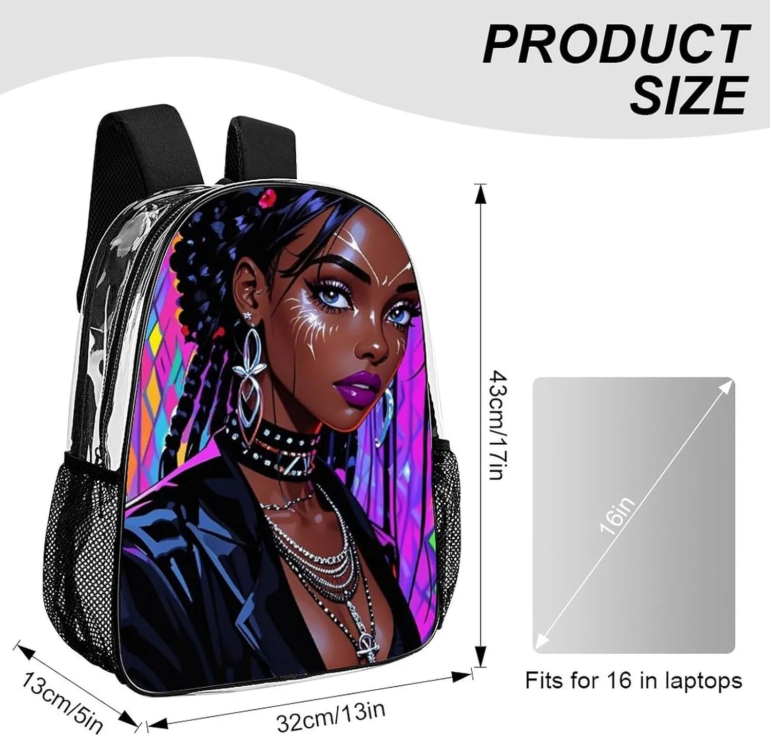 Cool African American Woman Bold And Colorful Art Rucksacks Transparent Anti-Theft Multipurpose Carry On Bag Large Capacity Gym Outdoor Hiking Backpack With Smooth Zippers