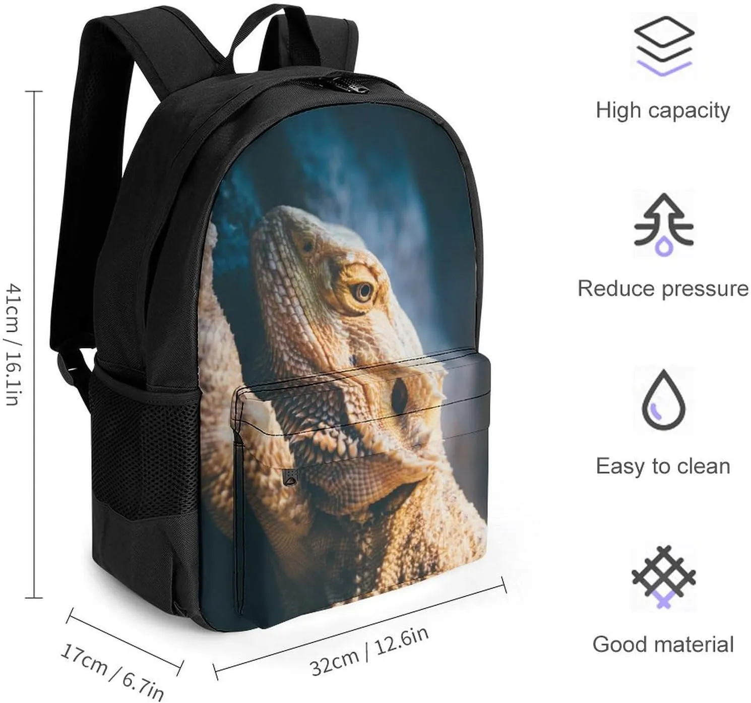 Cool Bearded Dragon Lizards Animal Art Rucksacks Lightweight Multipurpose Anti-Theft Shoulder Bag Big Capacity Traveling & Camping Backpack With Side Pockets