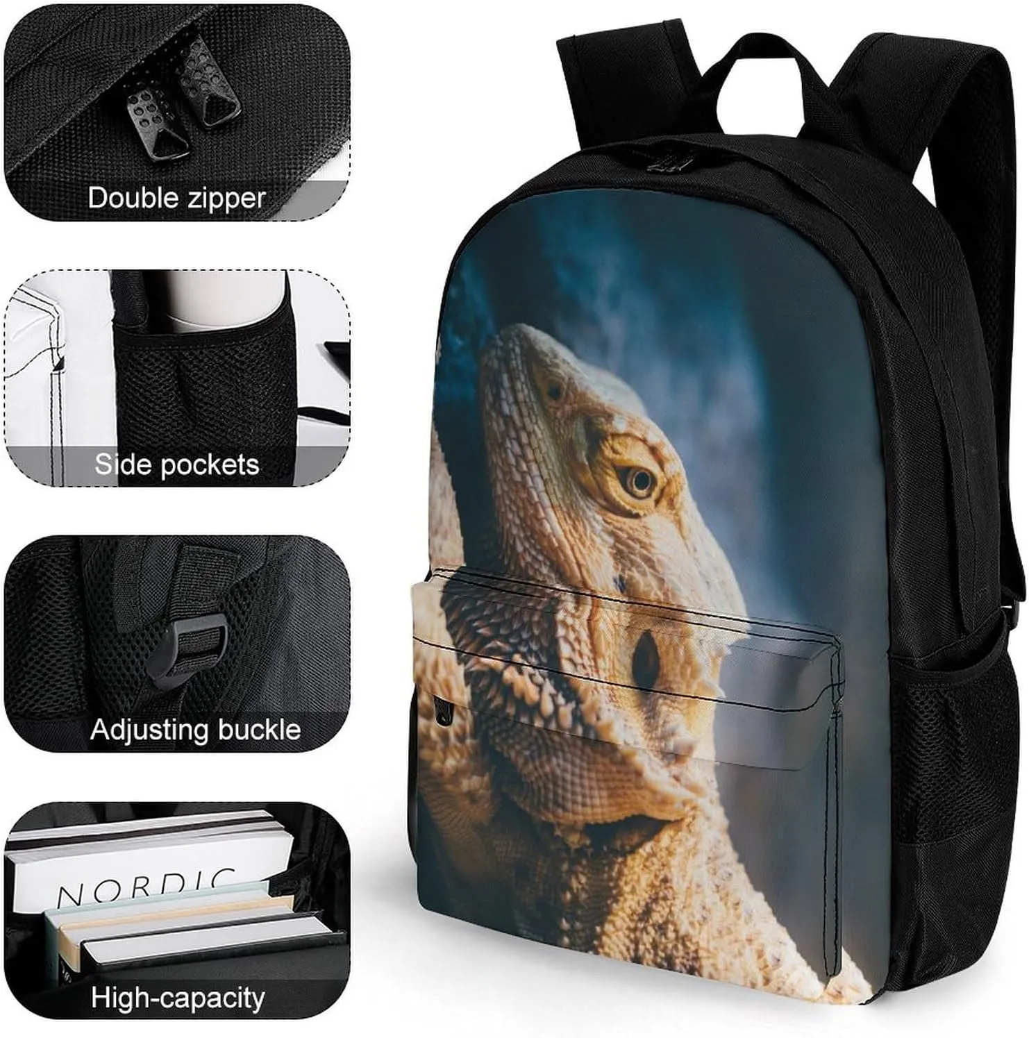 Cool Bearded Dragon Lizards Animal Art Rucksacks Lightweight Multipurpose Anti-Theft Shoulder Bag Big Capacity Traveling & Camping Backpack With Side Pockets
