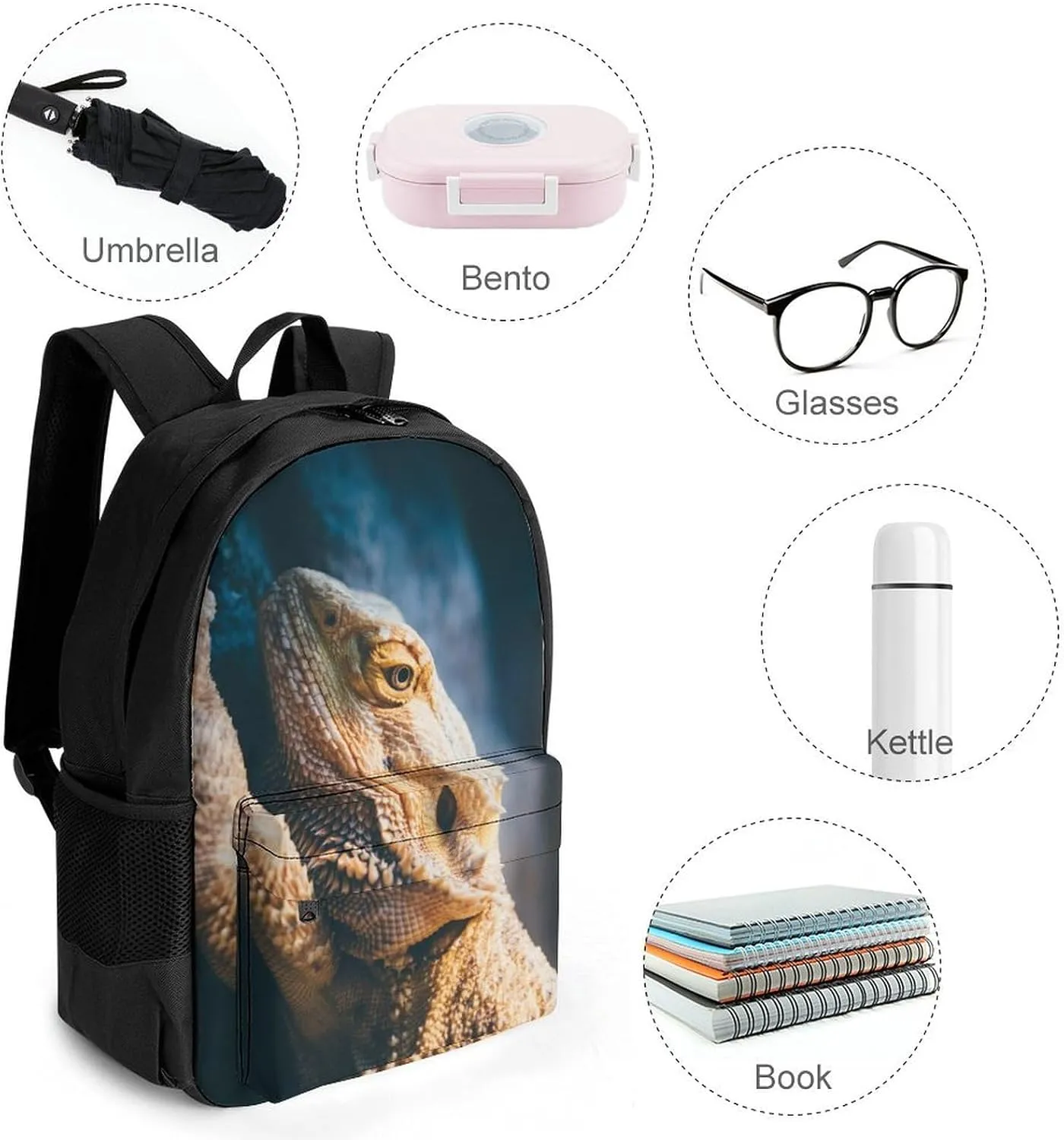 Cool Bearded Dragon Lizards Animal Art Rucksacks Lightweight Multipurpose Anti-Theft Shoulder Bag Big Capacity Traveling & Camping Backpack With Side Pockets