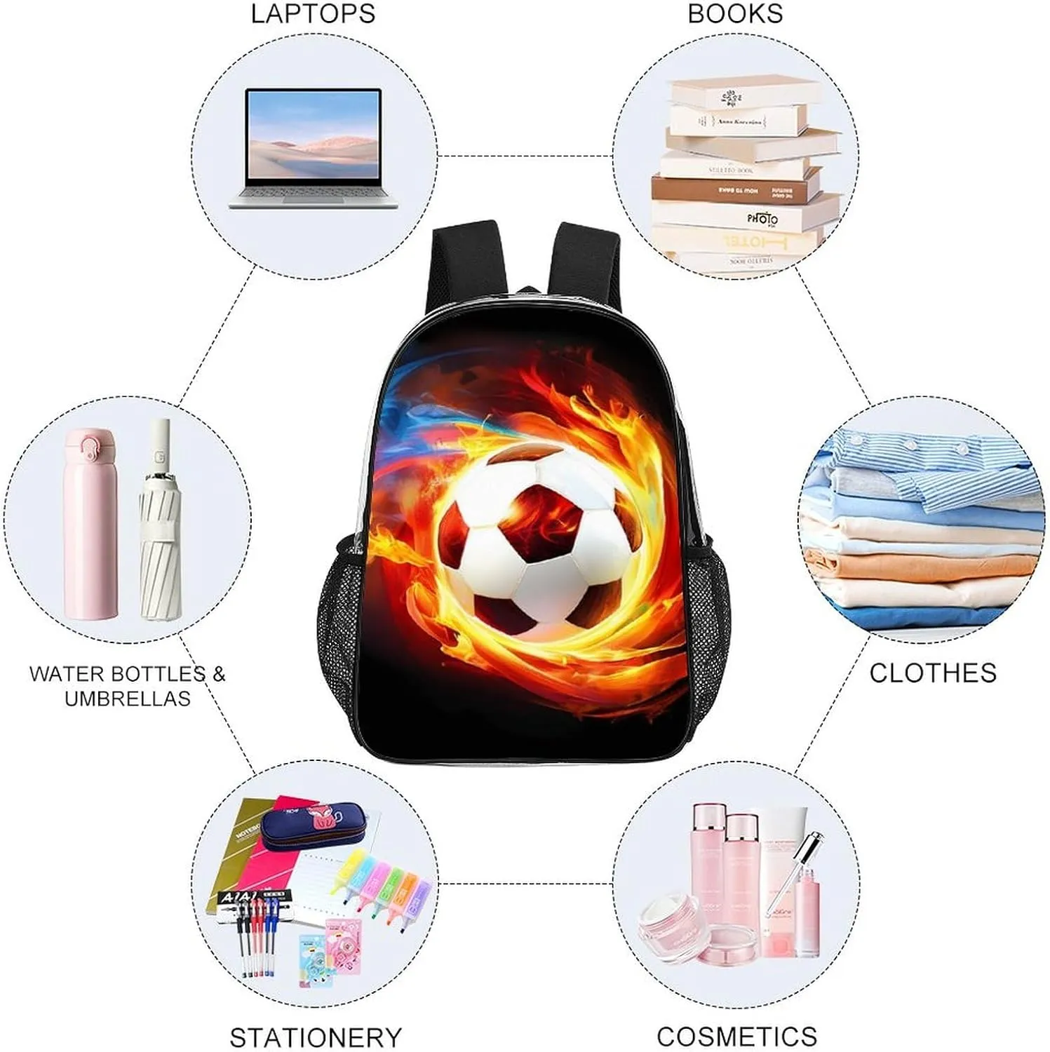 Cool Fire Flame Soccer Football Black Rucksacks Transparent Anti-Theft Multipurpose Carry On Bag Large Capacity Gym Outdoor Hiking Backpack With Smooth Zippers