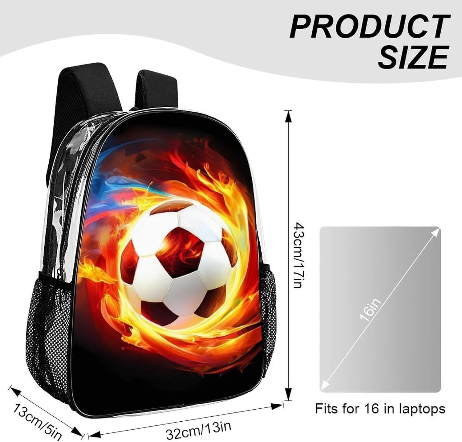 Cool Fire Flame Soccer Football Black Rucksacks Transparent Anti-Theft Multipurpose Carry On Bag Large Capacity Gym Outdoor Hiking Backpack With Smooth Zippers