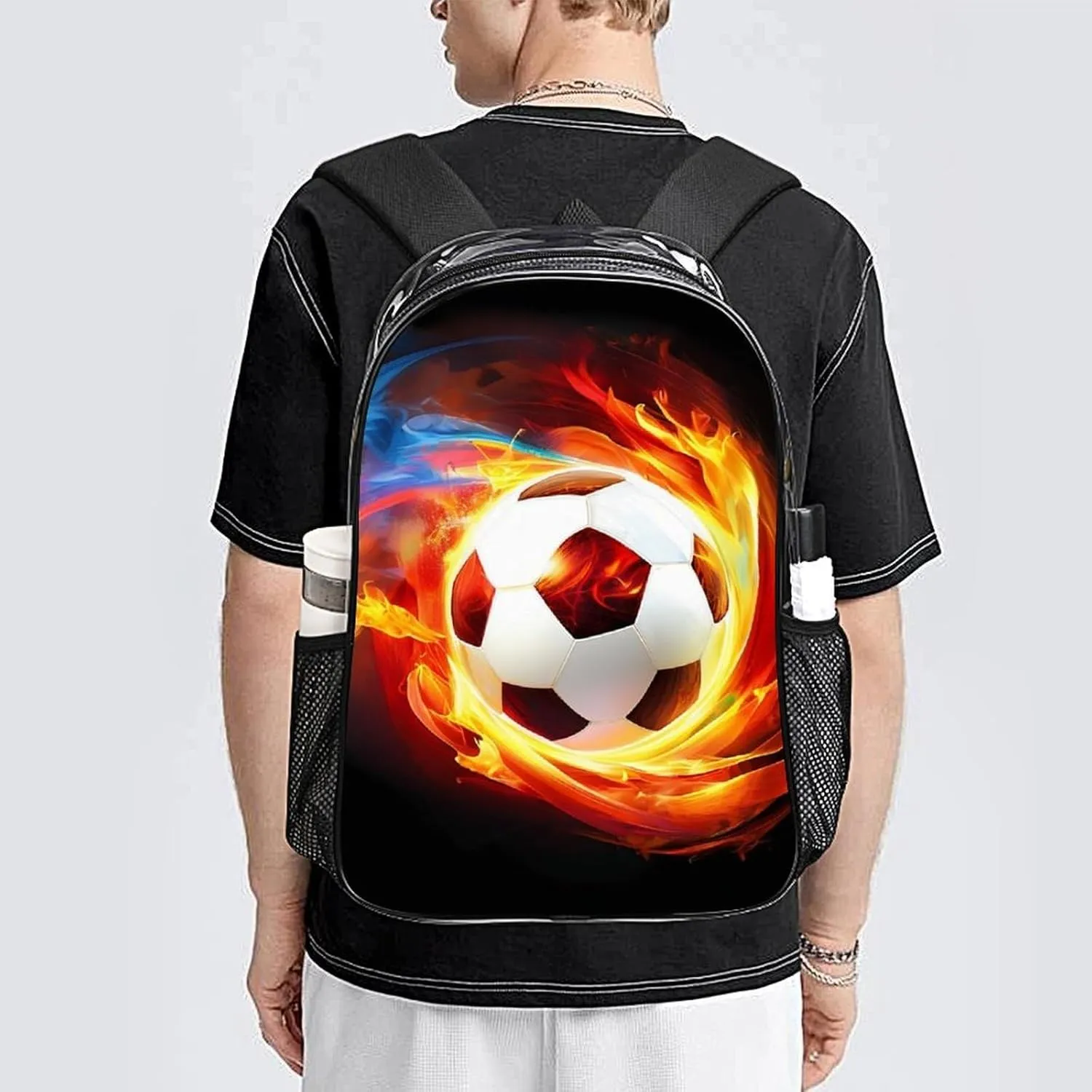 Cool Fire Flame Soccer Football Black Rucksacks Transparent Anti-Theft Multipurpose Carry On Bag Large Capacity Gym Outdoor Hiking Backpack With Smooth Zippers