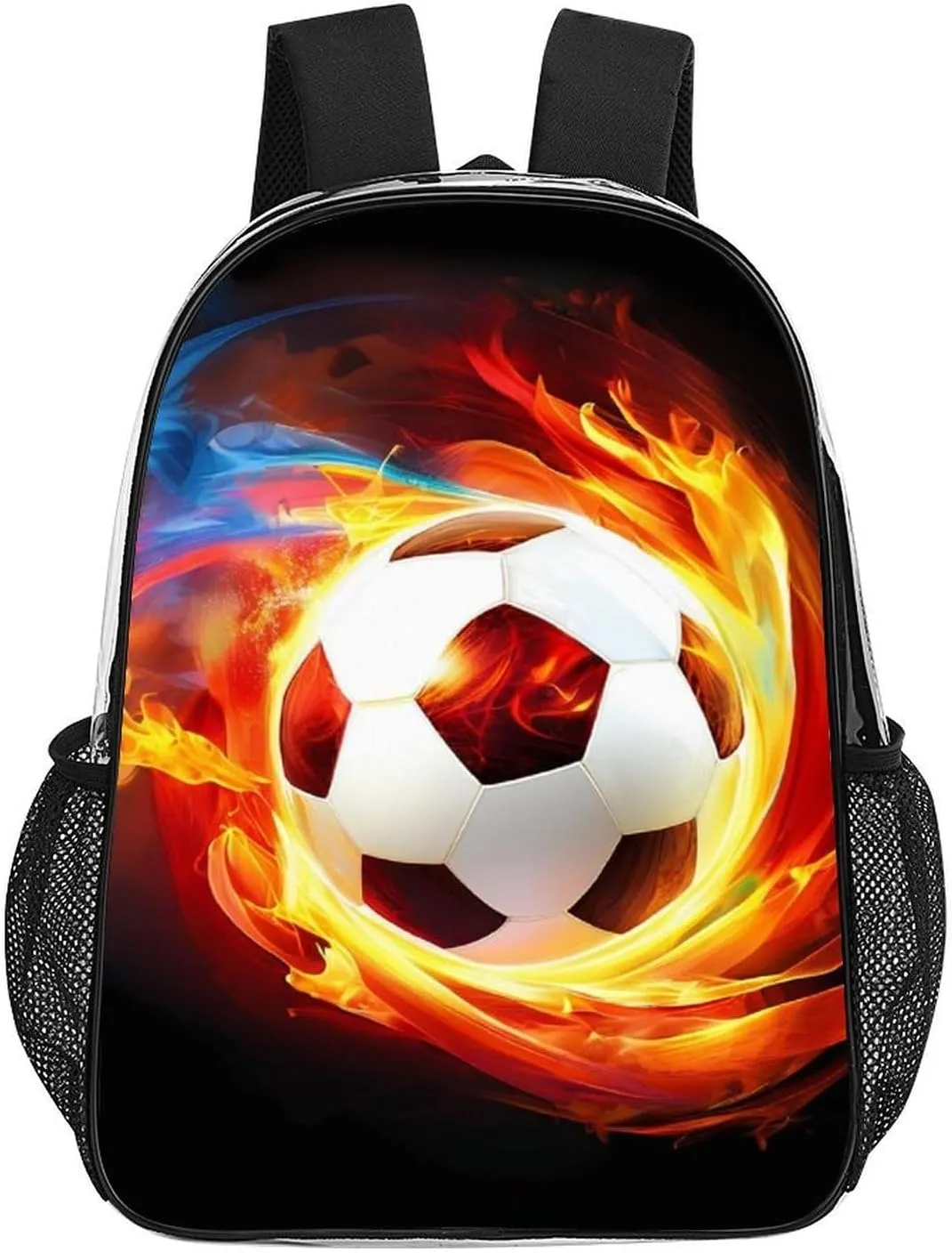 Cool Fire Flame Soccer Football Black Rucksacks Transparent Anti-Theft Multipurpose Carry On Bag Large Capacity Gym Outdoor Hiking Backpack With Smooth Zippers