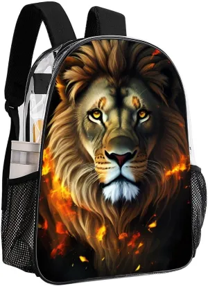 Cool Lion Fire Surreal Style Art Rucksacks Lightweight Multipurpose Transparent Shoulder Bag Big Capacity Traveling & Camping Backpack With Side Pockets