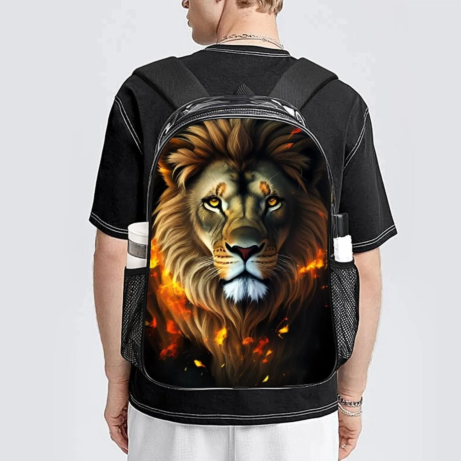 Cool Lion Fire Surreal Style Art Rucksacks Lightweight Multipurpose Transparent Shoulder Bag Big Capacity Traveling & Camping Backpack With Side Pockets