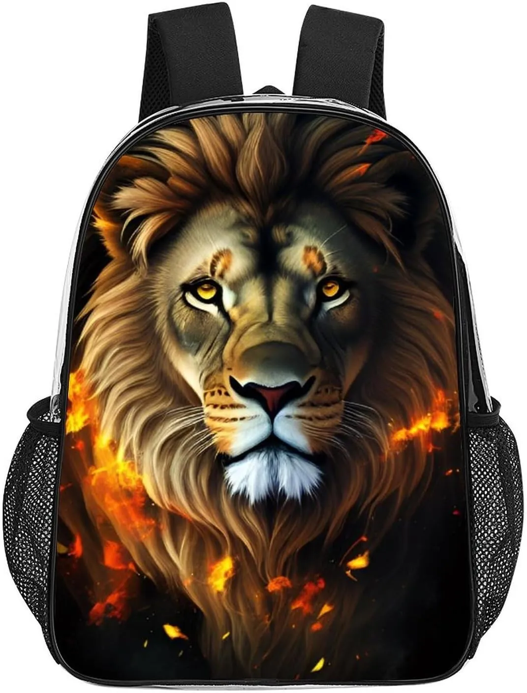 Cool Lion Fire Surreal Style Art Rucksacks Lightweight Multipurpose Transparent Shoulder Bag Big Capacity Traveling & Camping Backpack With Side Pockets