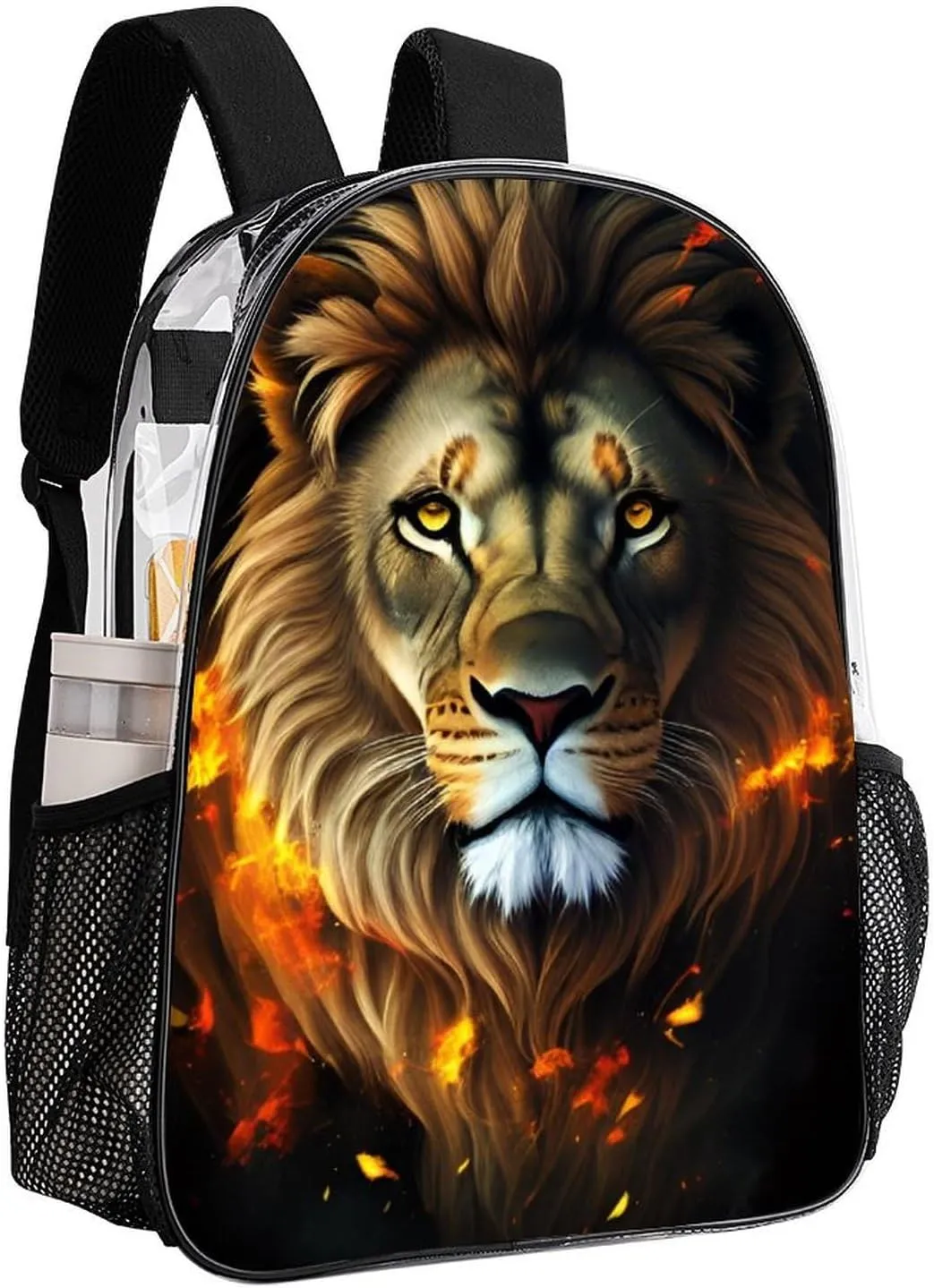 Cool Lion Fire Surreal Style Art Rucksacks Lightweight Multipurpose Transparent Shoulder Bag Big Capacity Traveling & Camping Backpack With Side Pockets
