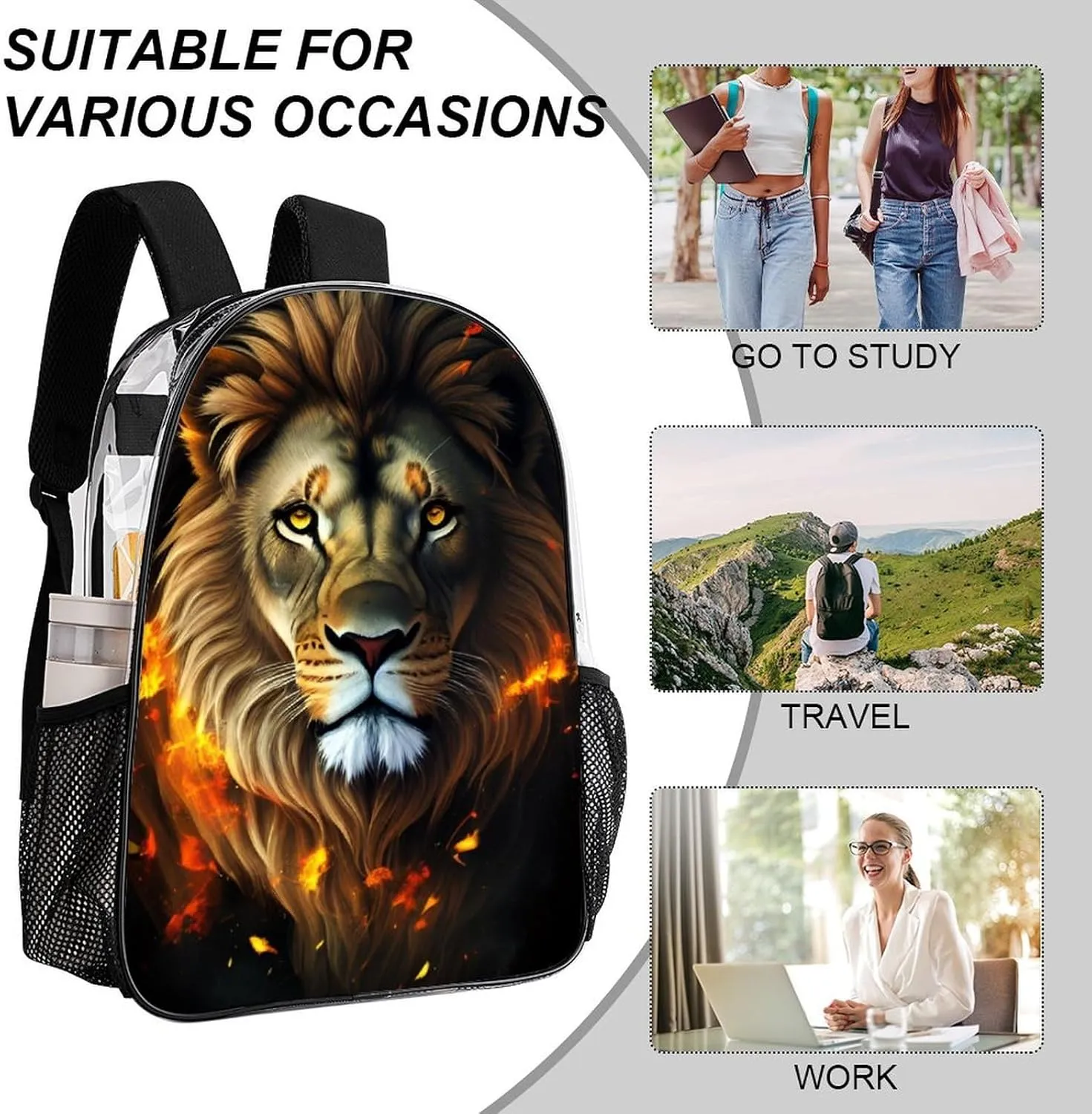 Cool Lion Fire Surreal Style Art Rucksacks Lightweight Multipurpose Transparent Shoulder Bag Big Capacity Traveling & Camping Backpack With Side Pockets