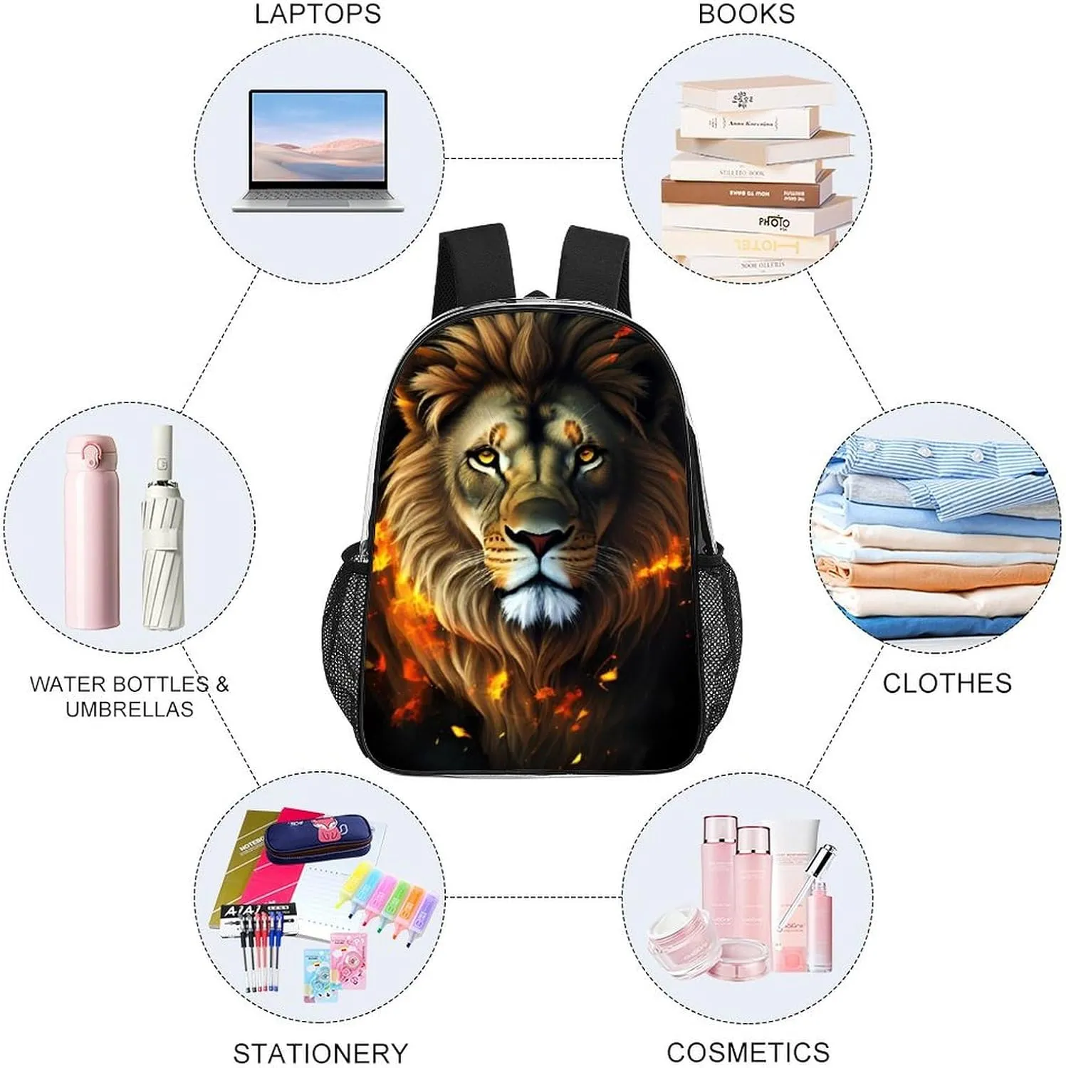 Cool Lion Fire Surreal Style Art Rucksacks Lightweight Multipurpose Transparent Shoulder Bag Big Capacity Traveling & Camping Backpack With Side Pockets
