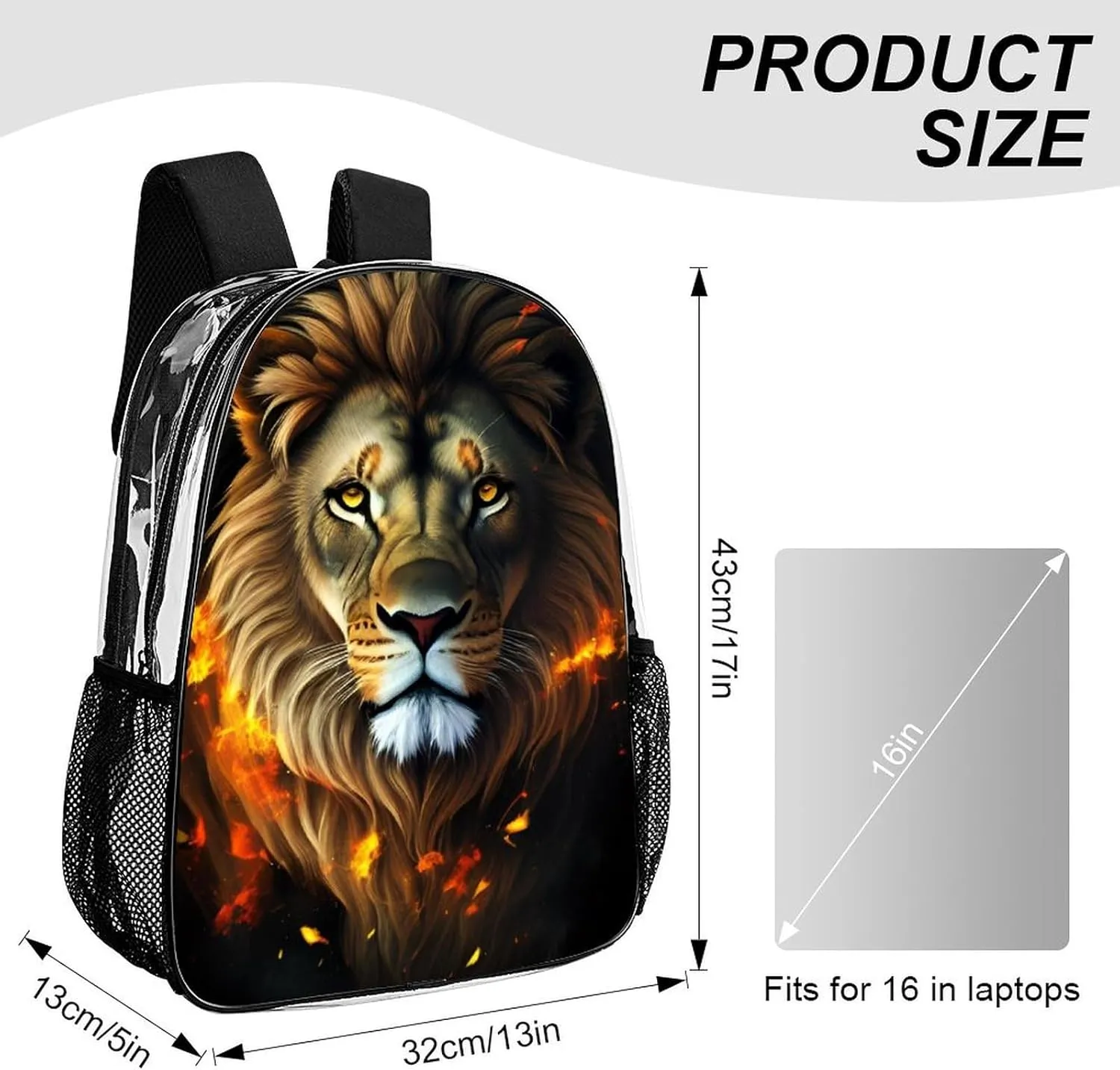Cool Lion Fire Surreal Style Art Rucksacks Lightweight Multipurpose Transparent Shoulder Bag Big Capacity Traveling & Camping Backpack With Side Pockets