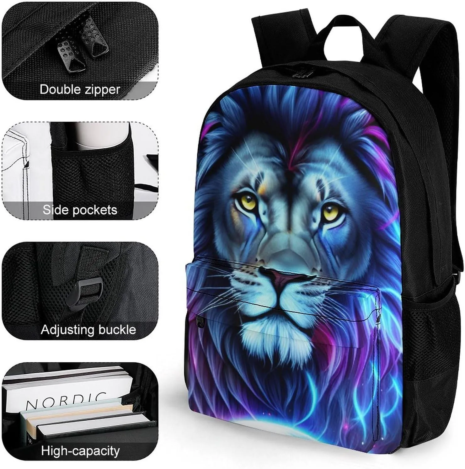 Cool Lion In The Universe Surreal Style Art Rucksacks Lightweight Multipurpose Anti-Theft Shoulder Bag Big Capacity Traveling & Camping Backpack With Side Pockets