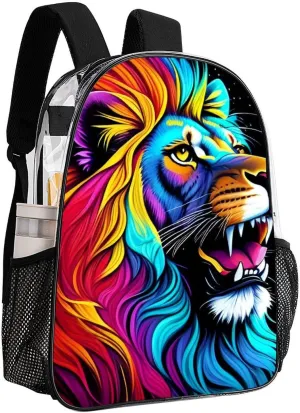 Cool Lion In The Universe Surreal Style Splatter Art Rucksacks Lightweight Multipurpose Anti-Theft Shoulder Bag Big Capacity Laptop Book Bag Rucksack Transparent Bag
