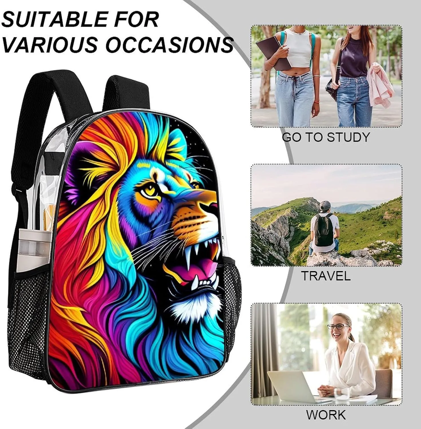 Cool Lion In The Universe Surreal Style Splatter Art Rucksacks Lightweight Multipurpose Anti-Theft Shoulder Bag Big Capacity Laptop Book Bag Rucksack Transparent Bag