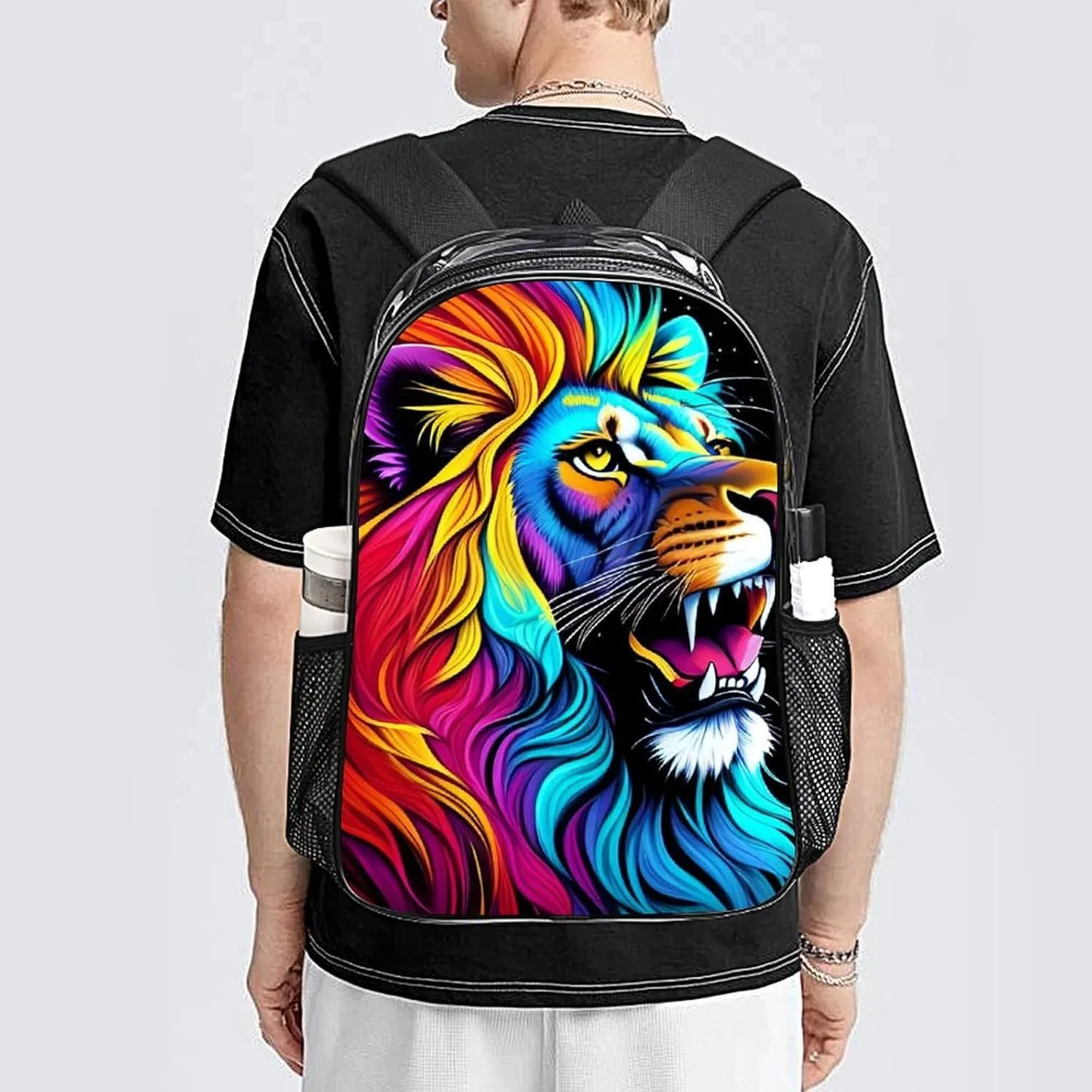 Cool Lion In The Universe Surreal Style Splatter Art Rucksacks Lightweight Multipurpose Anti-Theft Shoulder Bag Big Capacity Laptop Book Bag Rucksack Transparent Bag