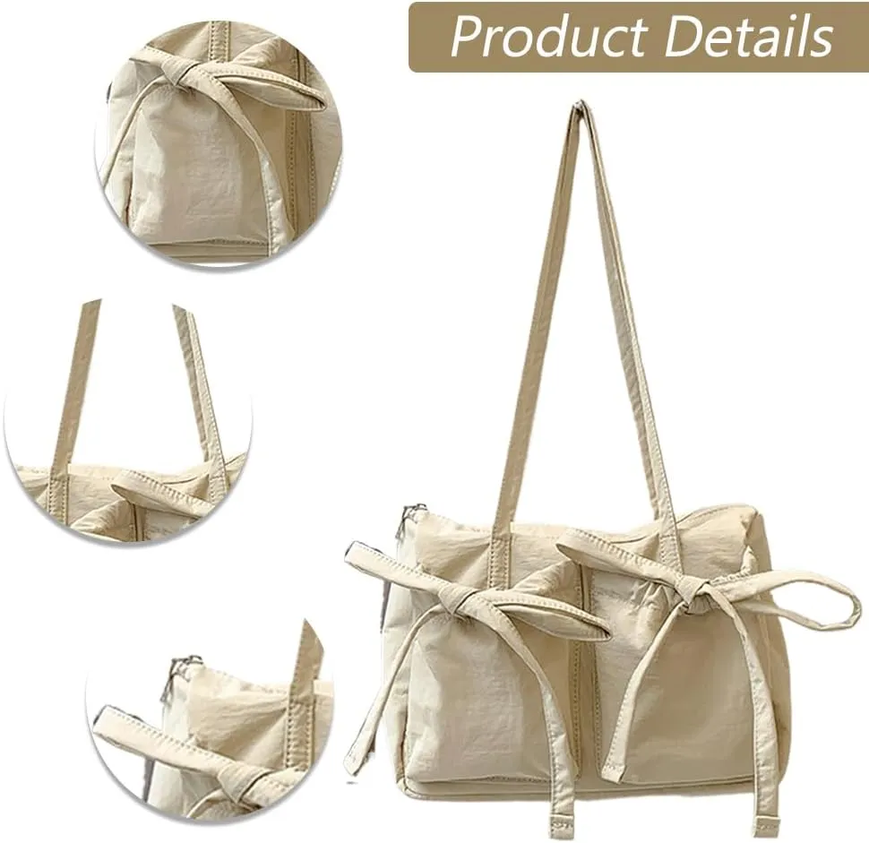 Coquette Aesthetic Shoulder Bag Cute Bows Purse Nylon Tote Handbag, Japanese Style Bows Tie Hobo Purse