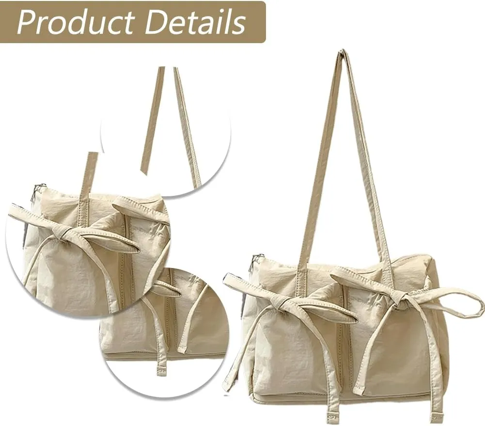 Coquette Aesthetic Shoulder Bag Cute Bows Purse Nylon Tote Handbag, Japanese Style Bows Tie Hobo Purse